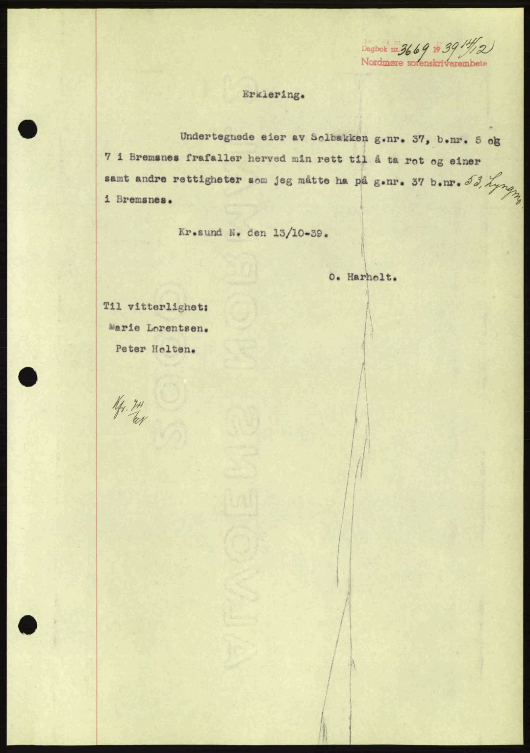 Nordmøre sorenskriveri, AV/SAT-A-4132/1/2/2Ca: Pantebok nr. B86, 1939-1940, Dagboknr: 3669/1939