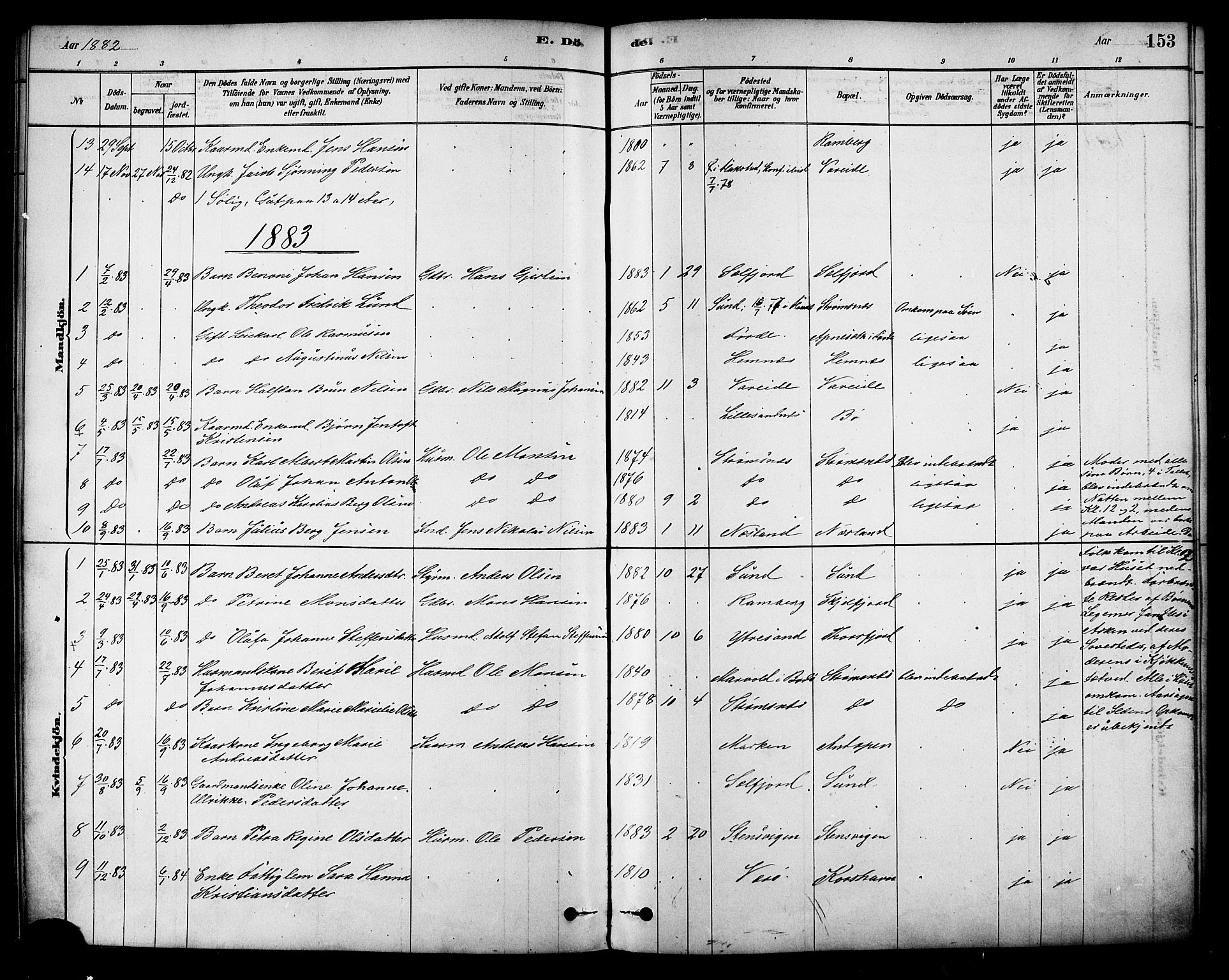 Ministerialprotokoller, klokkerbøker og fødselsregistre - Nordland, SAT/A-1459/885/L1204: Ministerialbok nr. 885A05, 1878-1892, s. 153