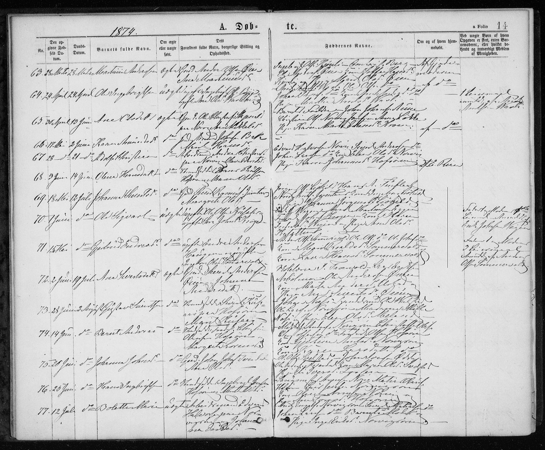 Ministerialprotokoller, klokkerbøker og fødselsregistre - Sør-Trøndelag, AV/SAT-A-1456/668/L0817: Klokkerbok nr. 668C06, 1873-1884, s. 14