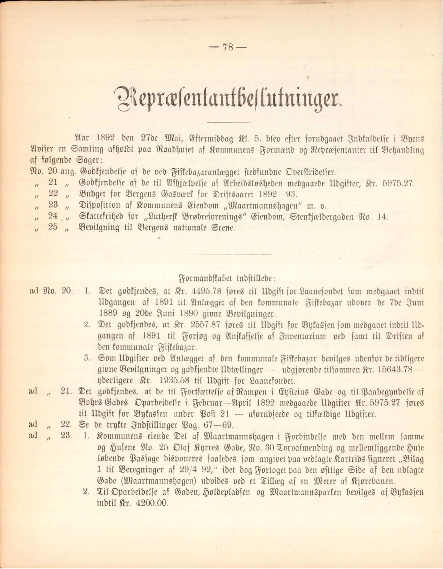 Bergen kommune. Formannskapet, BBA/A-0003/Ad/L0047: Bergens Kommuneforhandlinger, 1892
