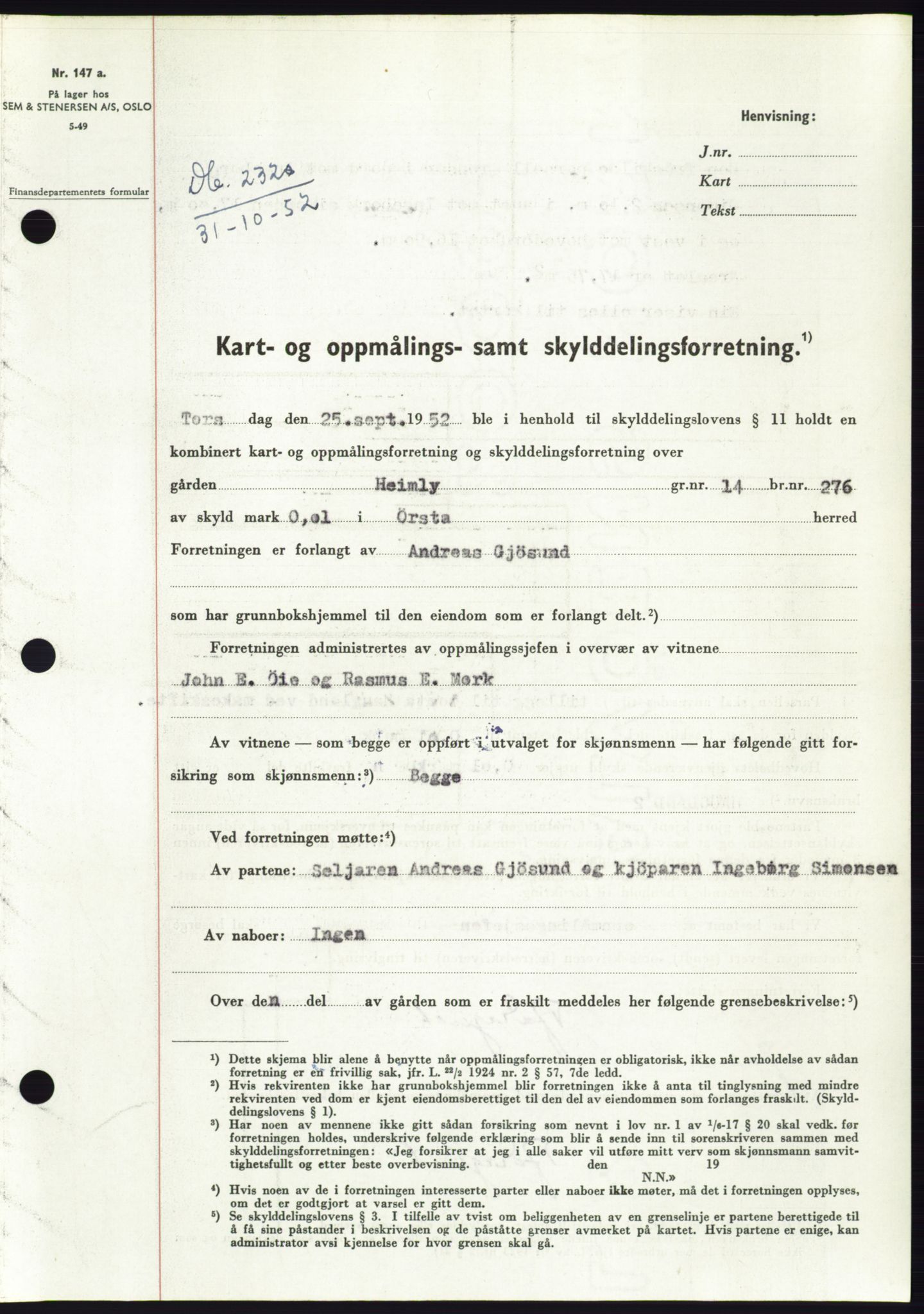 Søre Sunnmøre sorenskriveri, SAT/A-4122/1/2/2C/L0093: Pantebok nr. 19A, 1952-1953, Dagboknr: 2320/1952
