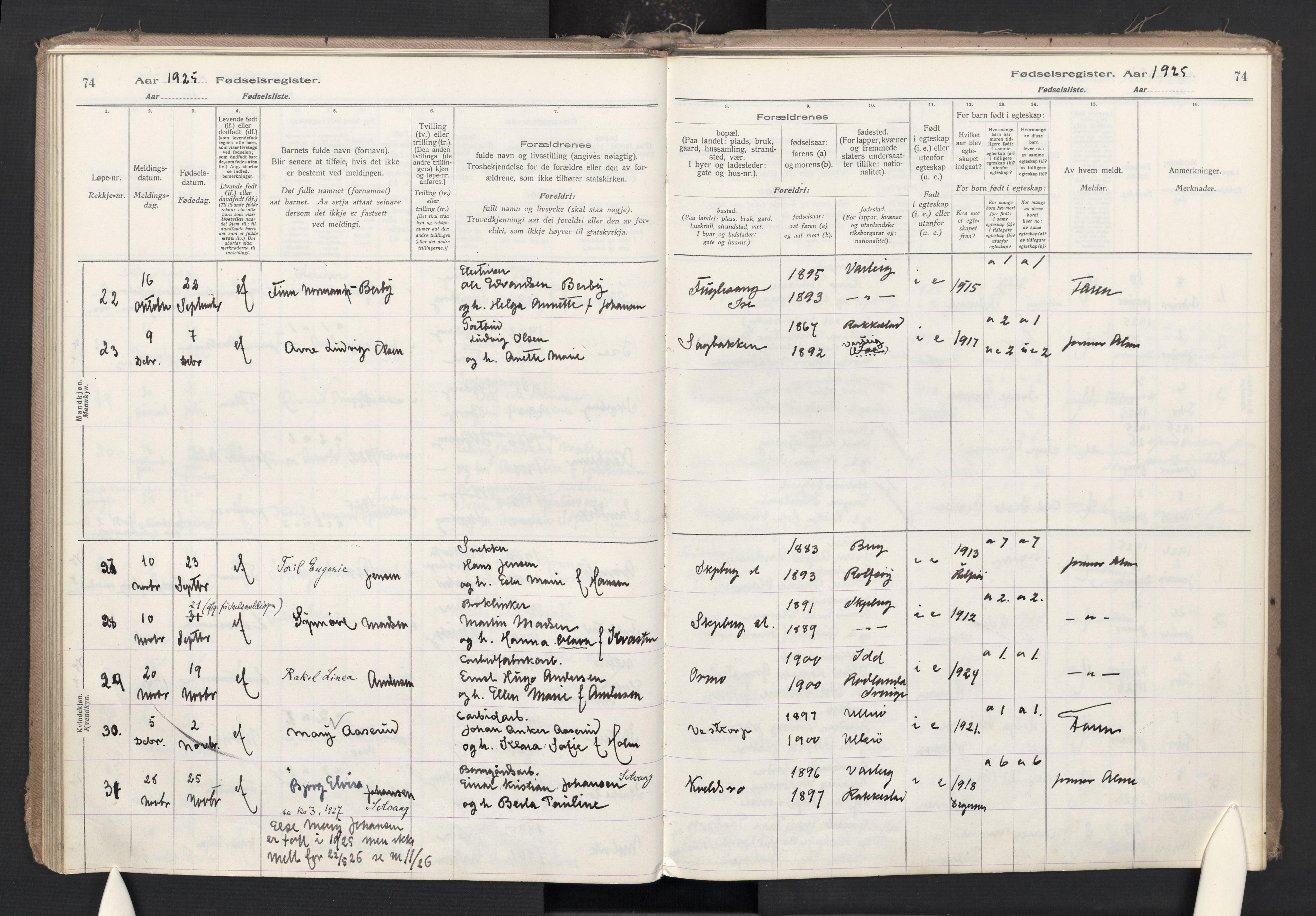 Skjeberg prestekontor Kirkebøker, SAO/A-10923/J/Ja/L0001: Fødselsregister nr. I 1, 1916-1945, s. 74