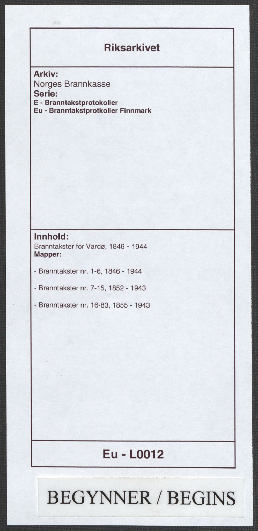 Norges Brannkasse, RA/S-1549/E/Eu/L0012: Branntakster for Vardø, 1846-1944, s. 1