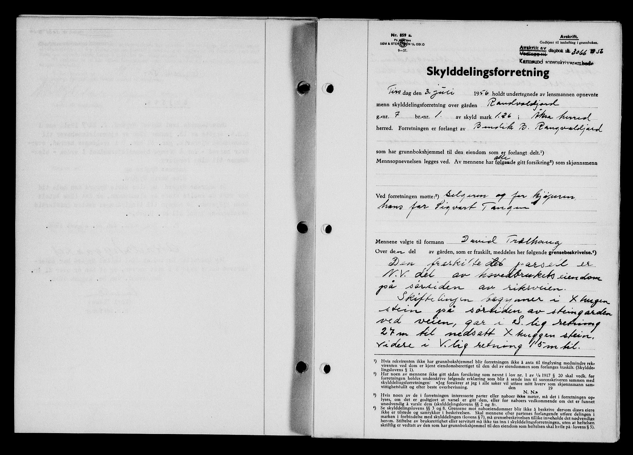 Karmsund sorenskriveri, SAST/A-100311/01/II/IIB/L0121: Pantebok nr. 101A, 1956-1956, Dagboknr: 3066/1956
