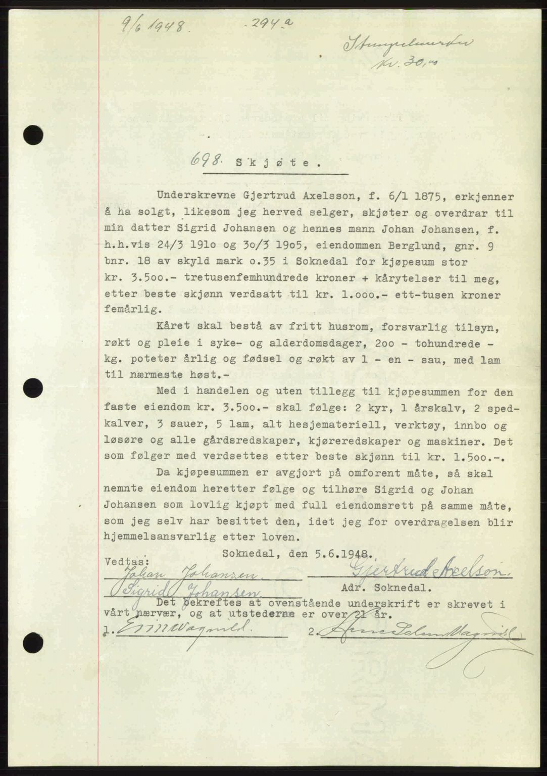Gauldal sorenskriveri, SAT/A-0014/1/2/2C: Pantebok nr. A6, 1948-1948, Dagboknr: 698/1948