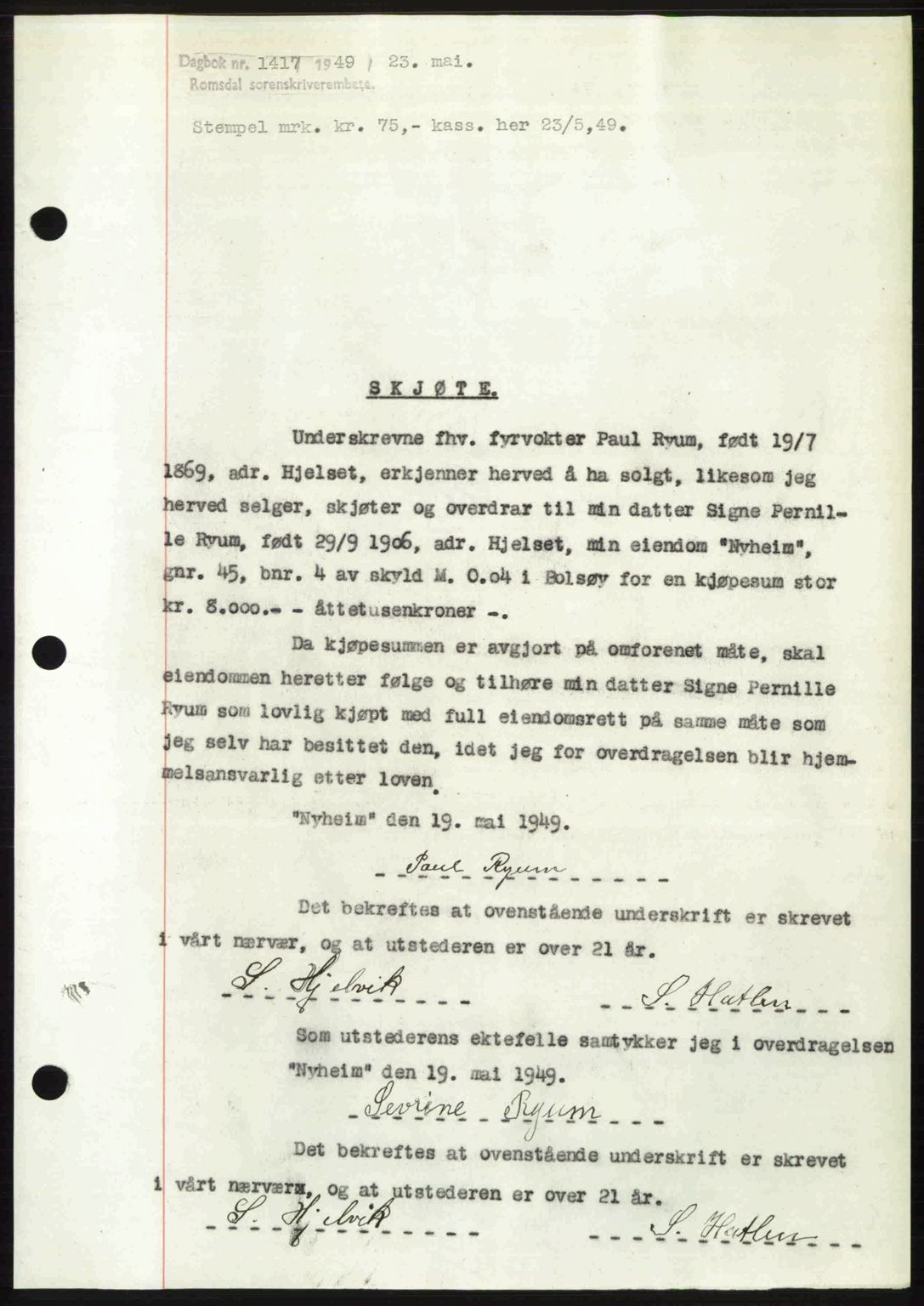 Romsdal sorenskriveri, SAT/A-4149/1/2/2C: Pantebok nr. A29, 1949-1949, Dagboknr: 1417/1949