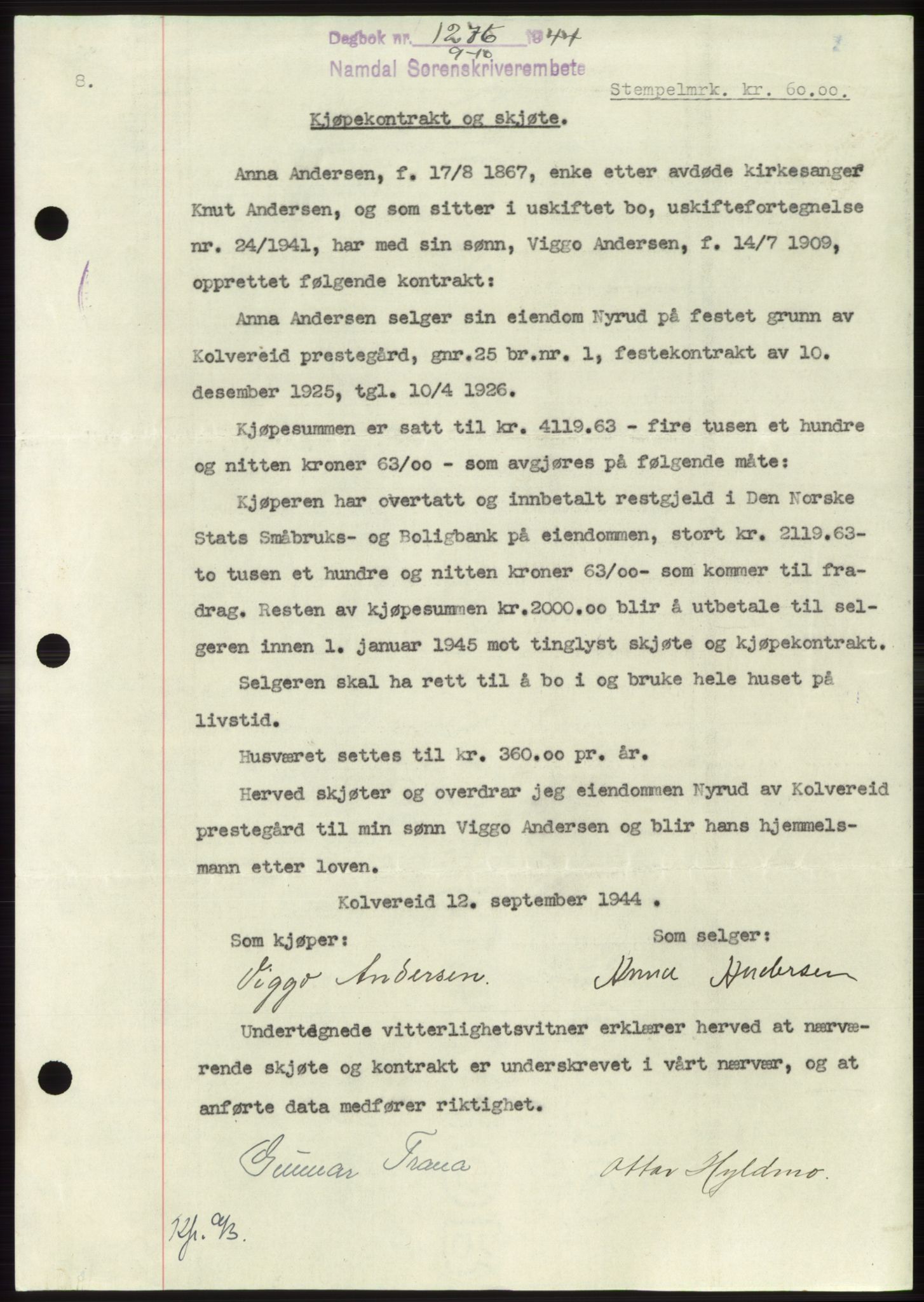 Namdal sorenskriveri, SAT/A-4133/1/2/2C: Pantebok nr. -, 1944-1945, Dagboknr: 1276/1944