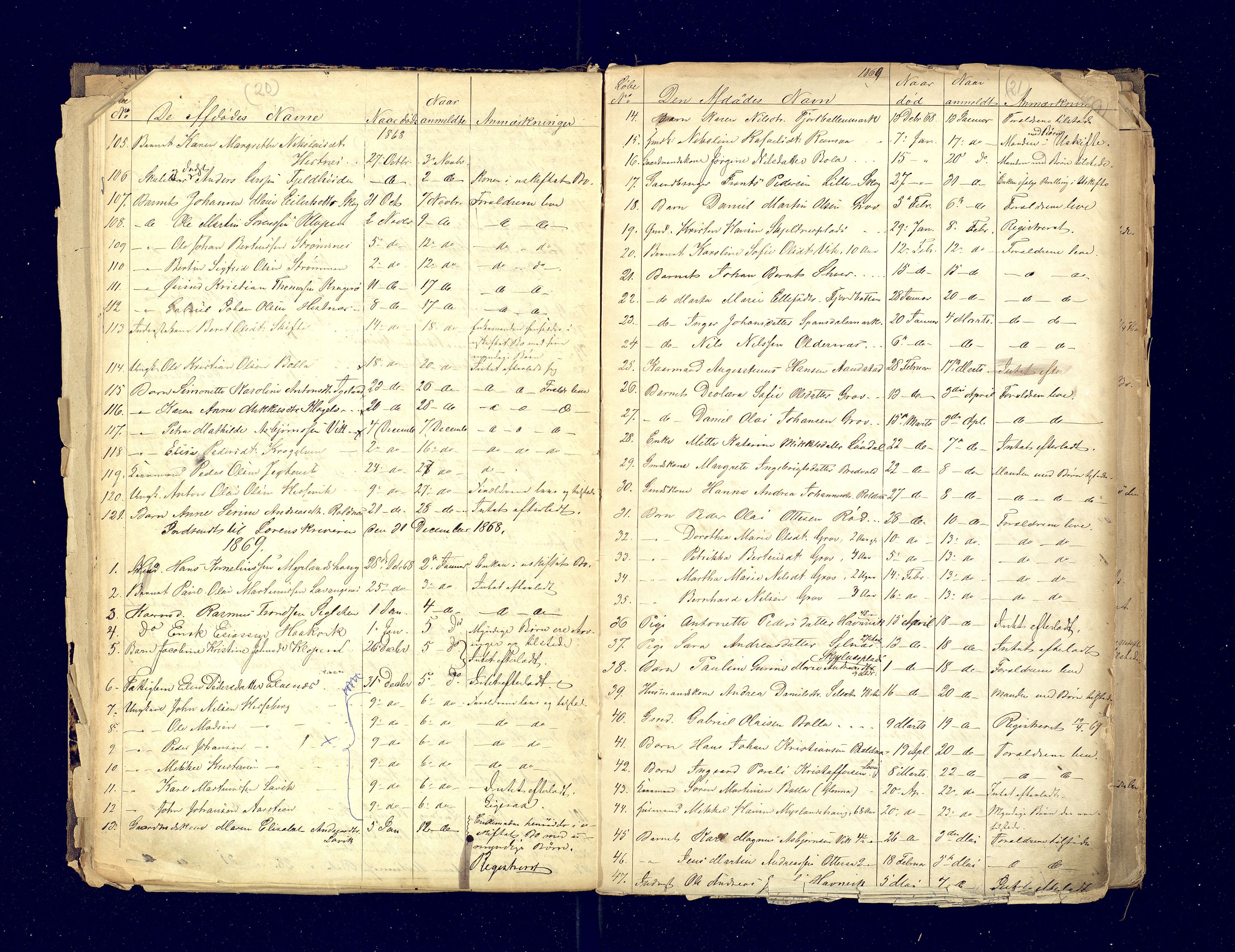 Ibestad lensmannskontor, AV/SATØ-S-1499/F/Fm/Fma/L0141: Dødsfallsprotokoll for Ibestad lensmannsdistrikt, 1863-1899, s. 20-21