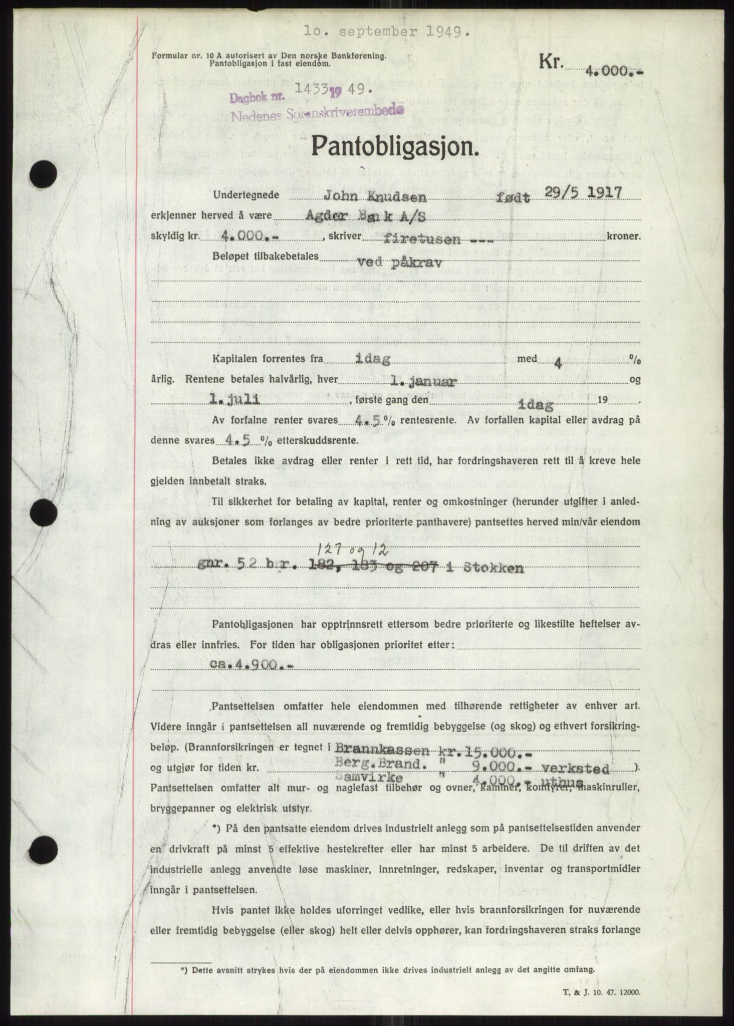 Nedenes sorenskriveri, SAK/1221-0006/G/Gb/Gbb/L0006: Pantebok nr. B6, 1948-1949, Dagboknr: 1433/1949