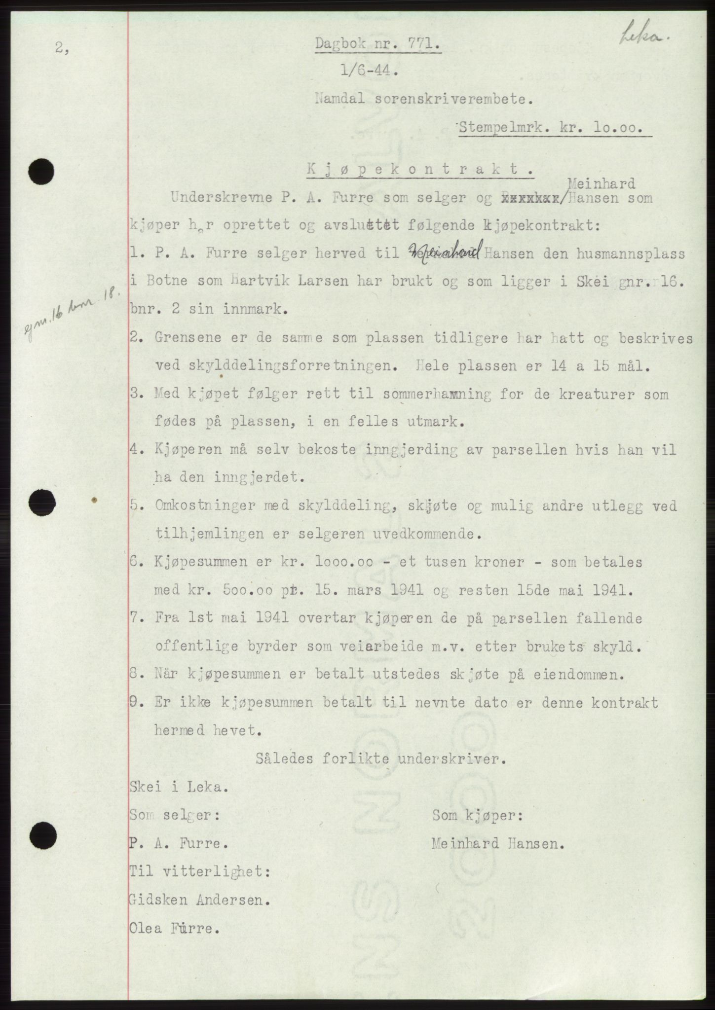 Namdal sorenskriveri, SAT/A-4133/1/2/2C: Pantebok nr. -, 1944-1945, Dagboknr: 771/1944