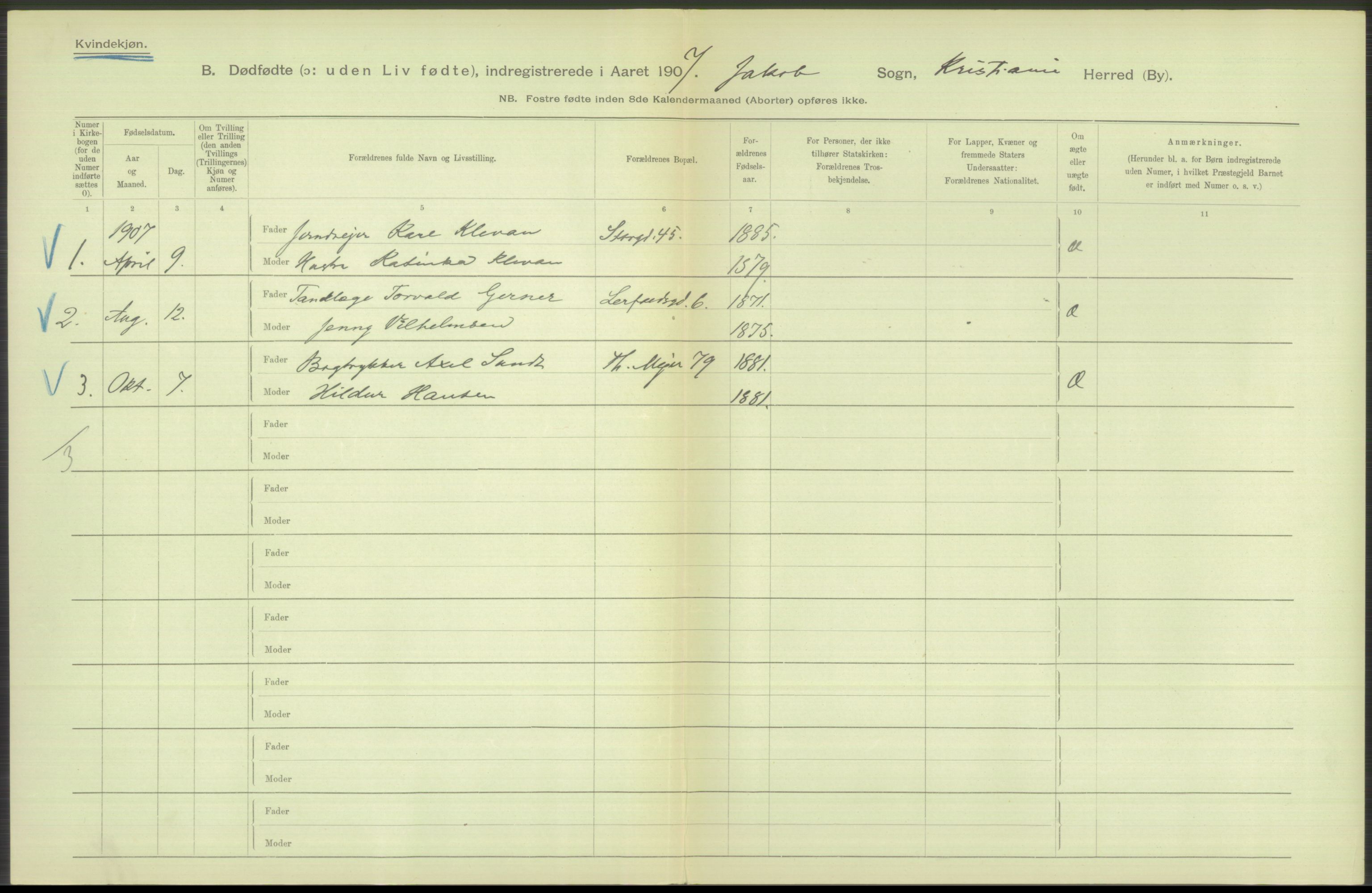 Statistisk sentralbyrå, Sosiodemografiske emner, Befolkning, AV/RA-S-2228/D/Df/Dfa/Dfae/L0010: Kristiania: Døde, dødfødte, 1907, s. 162