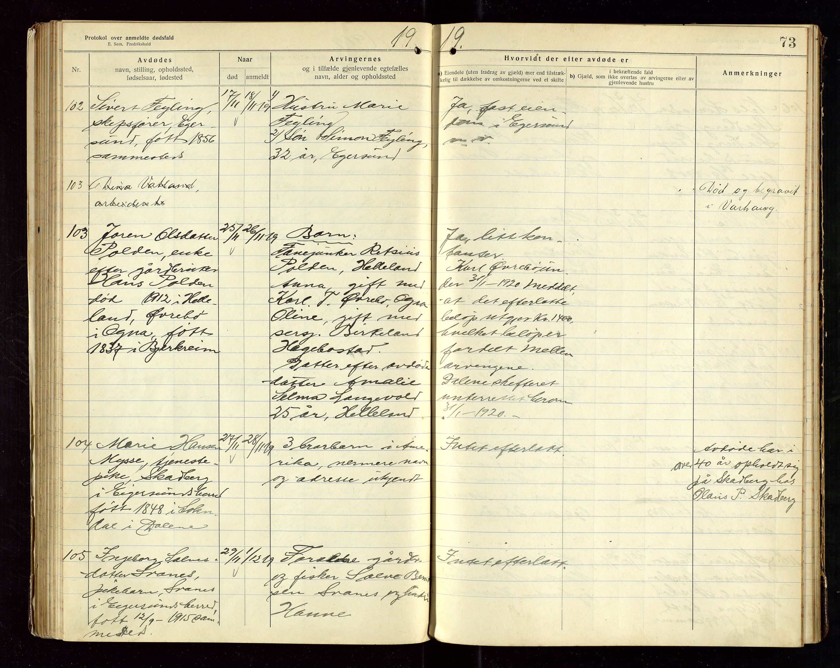 Eigersund lensmannskontor, AV/SAST-A-100171/Gga/L0007: "Protokol over anmeldte dødsfald" m/alfabetisk navneregister, 1917-1920, s. 73