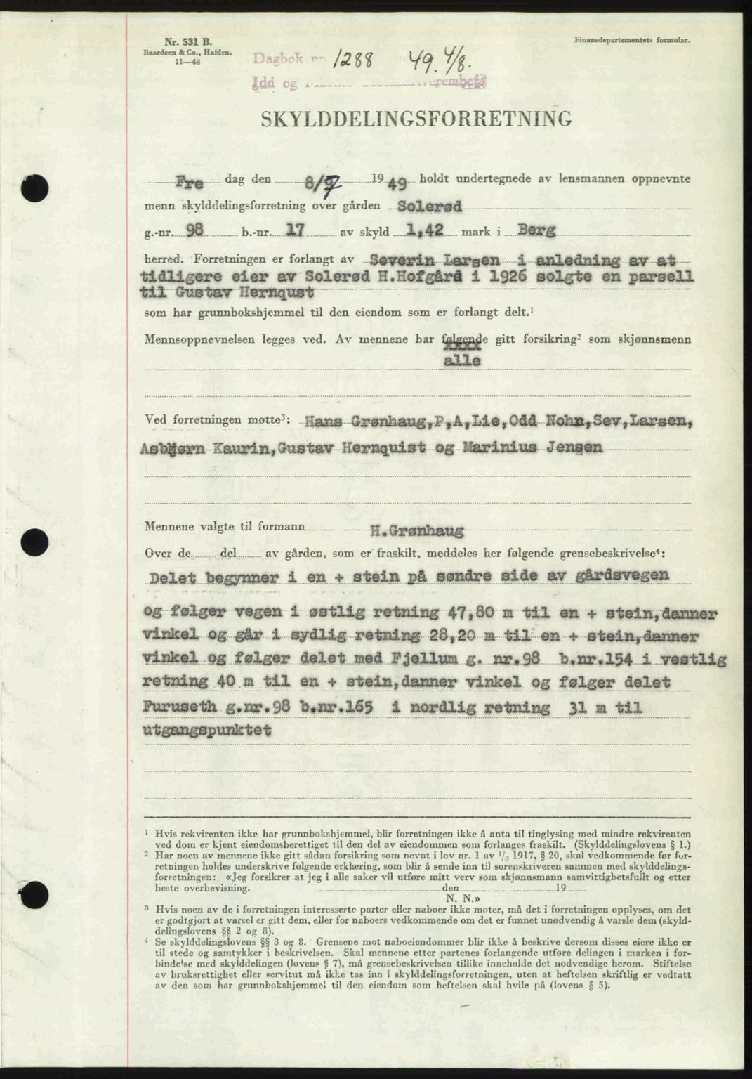 Idd og Marker sorenskriveri, SAO/A-10283/G/Gb/Gbb/L0012: Pantebok nr. A12, 1949-1949, Dagboknr: 1288/1949