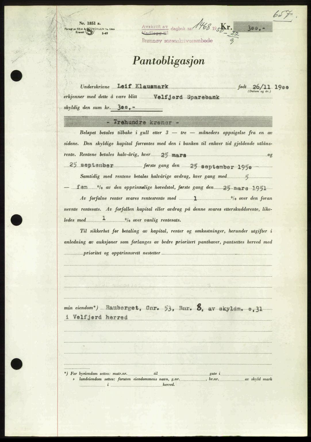 Brønnøy sorenskriveri, SAT/A-4170/1/2/2C: Pantebok nr. 36, 1950-1950, Dagboknr: 1468/1950