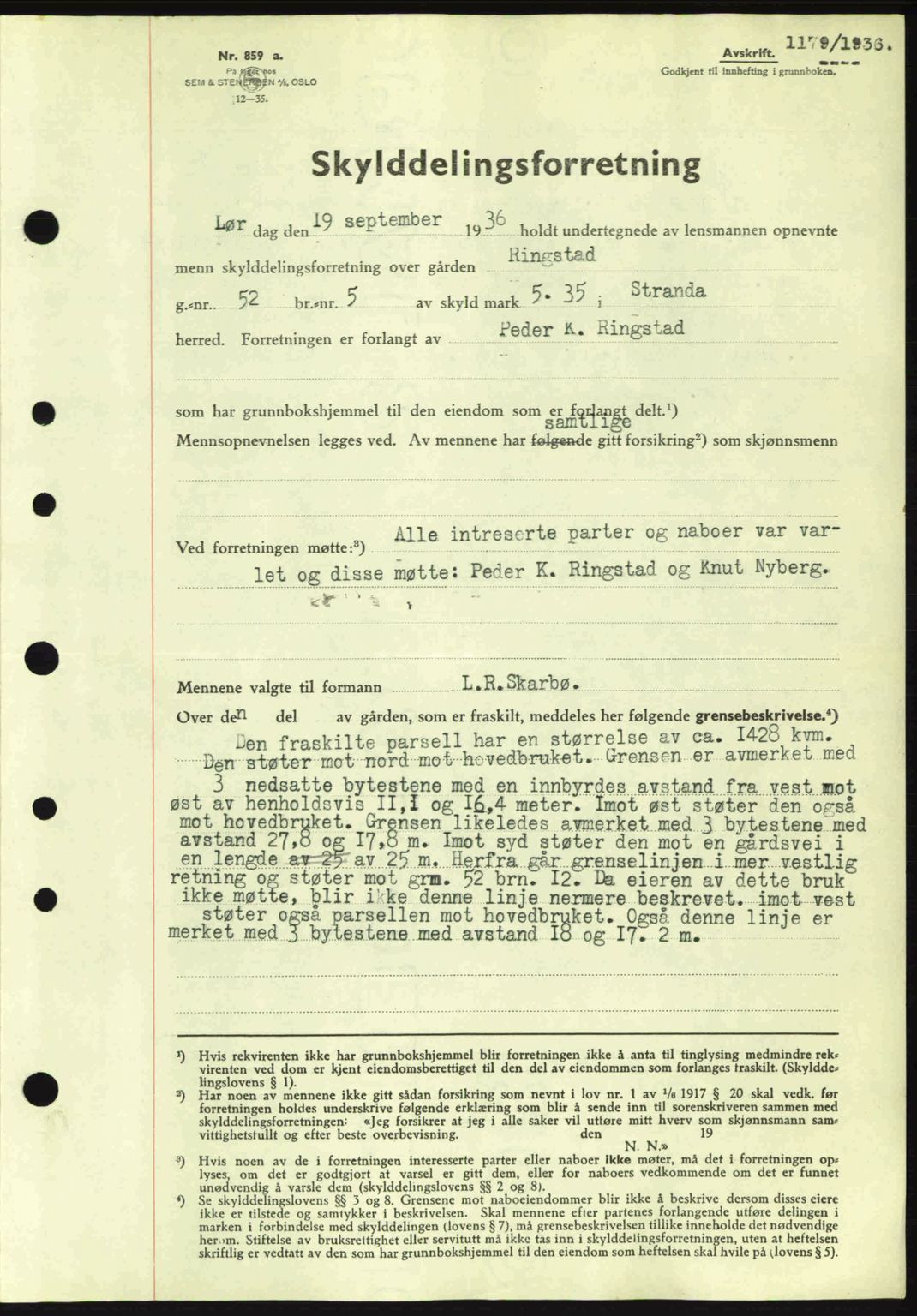 Nordre Sunnmøre sorenskriveri, AV/SAT-A-0006/1/2/2C/2Ca: Pantebok nr. A1, 1936-1936, Dagboknr: 1179/1936