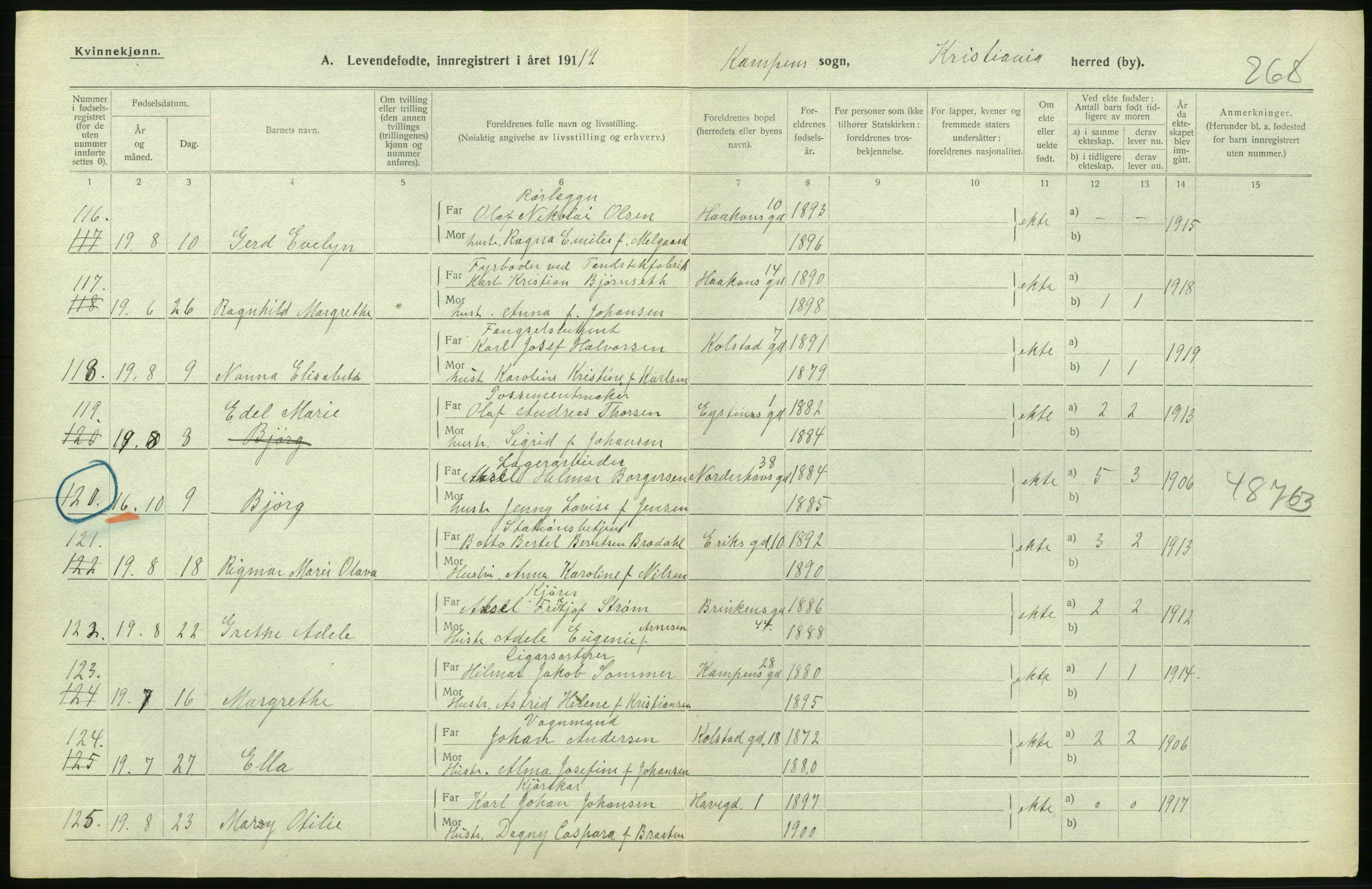 Statistisk sentralbyrå, Sosiodemografiske emner, Befolkning, AV/RA-S-2228/D/Df/Dfb/Dfbi/L0008: Kristiania: Levendefødte menn og kvinner., 1919