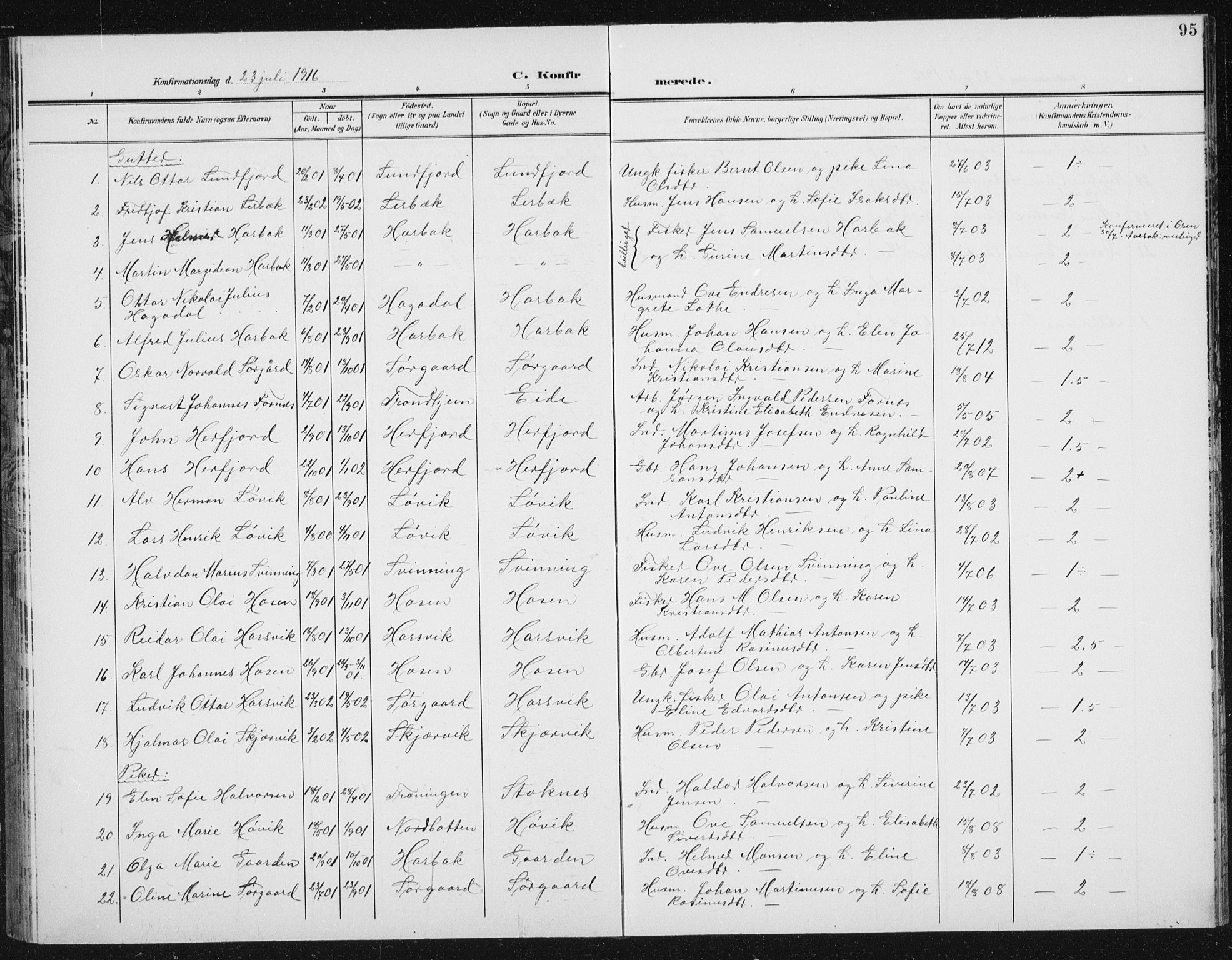 Ministerialprotokoller, klokkerbøker og fødselsregistre - Sør-Trøndelag, SAT/A-1456/656/L0699: Klokkerbok nr. 656C05, 1905-1920, s. 95