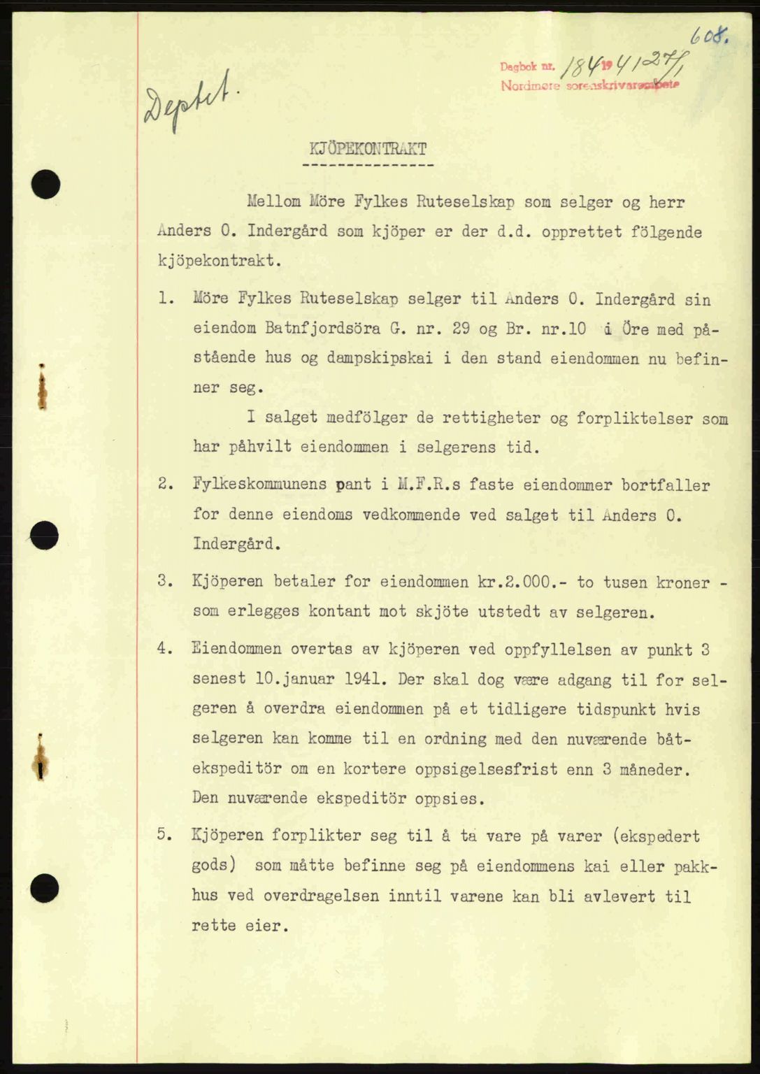 Nordmøre sorenskriveri, SAT/A-4132/1/2/2Ca: Pantebok nr. A89, 1940-1941, Dagboknr: 184/1941