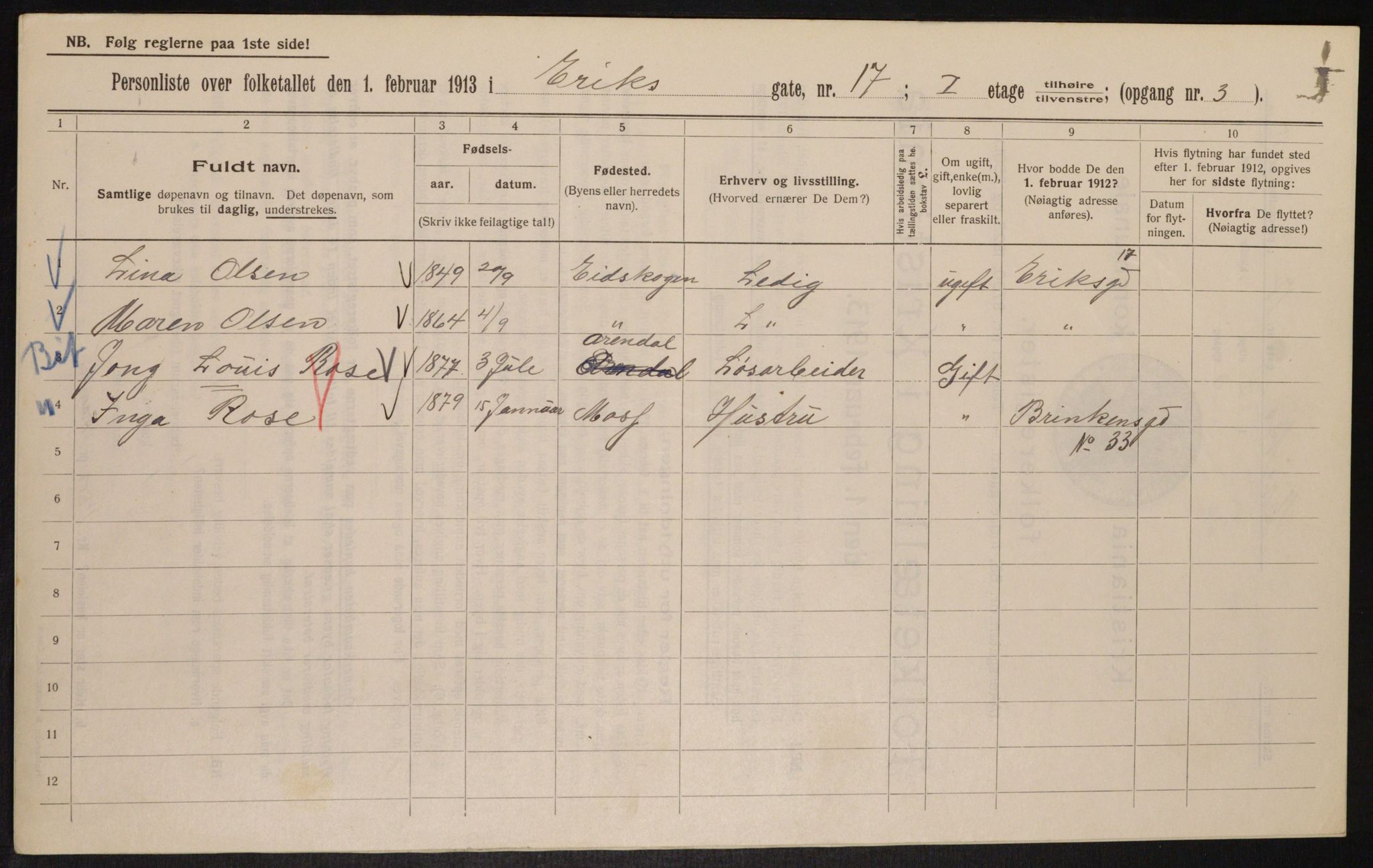 OBA, Kommunal folketelling 1.2.1913 for Kristiania, 1913, s. 20195