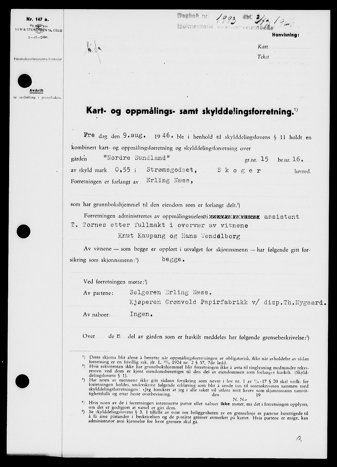 Holmestrand sorenskriveri, SAKO/A-67/G/Ga/Gaa/L0061: Pantebok nr. A-61, 1946-1947, Dagboknr: 1993/1946