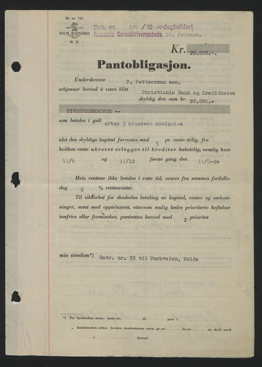 Romsdal sorenskriveri, SAT/A-4149/1/2/2C: Pantebok nr. B2, 1939-1945, Dagboknr: 198/1940