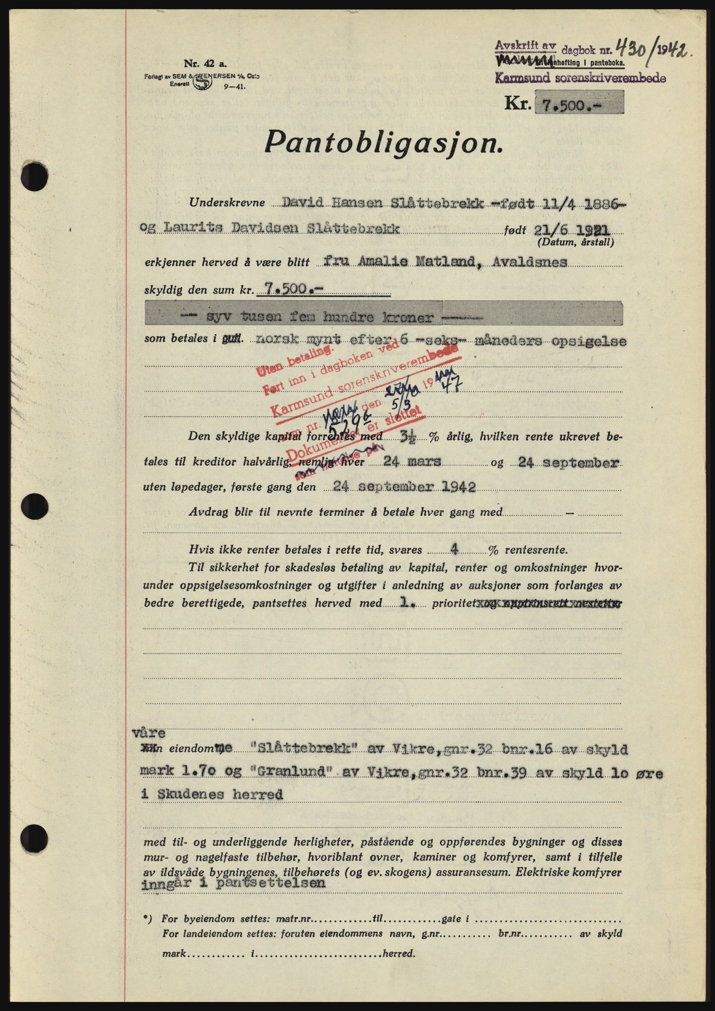 Karmsund sorenskriveri, SAST/A-100311/01/II/IIBBE/L0008: Pantebok nr. B 54, 1942-1943, Dagboknr: 430/1942