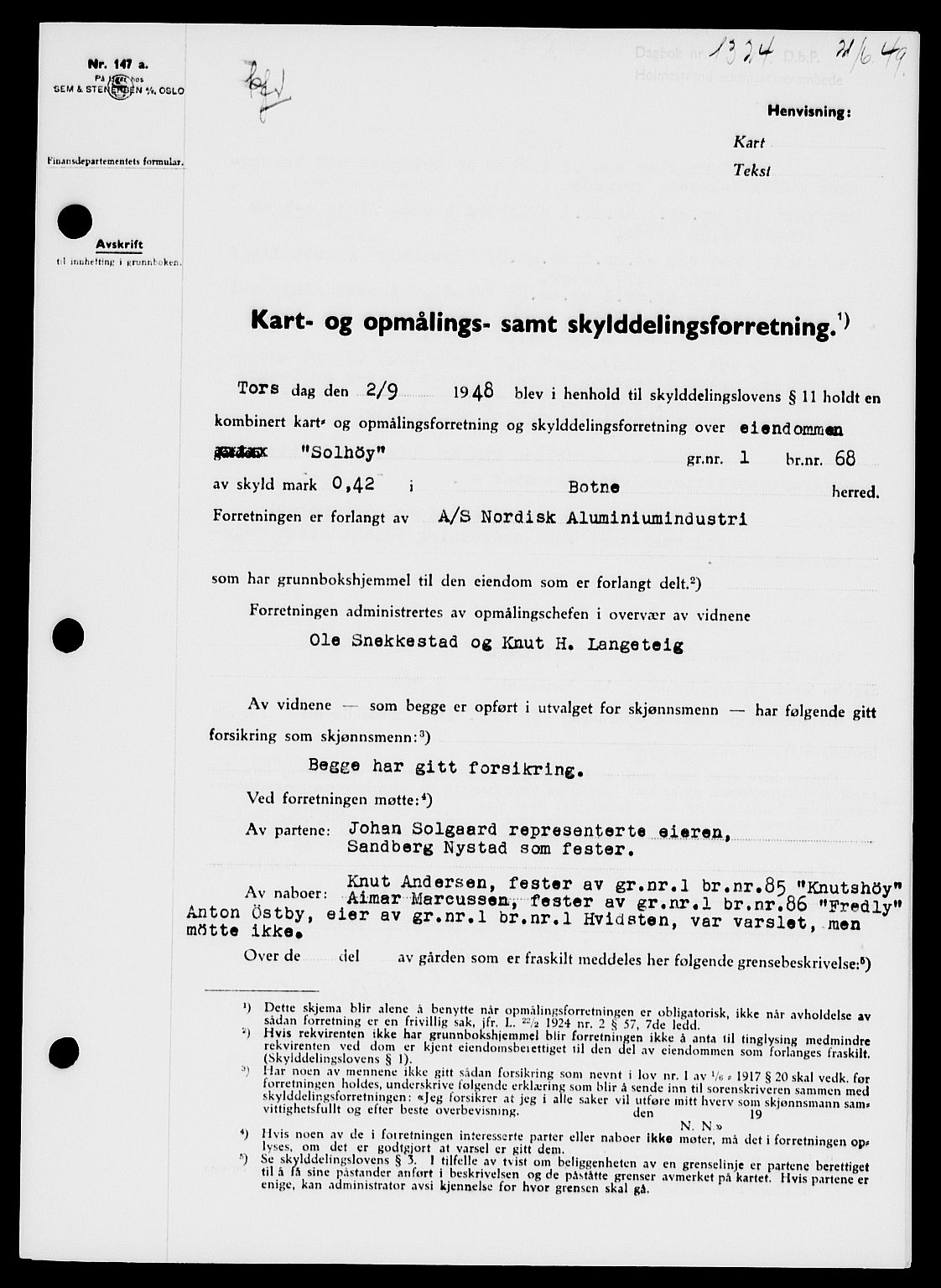 Holmestrand sorenskriveri, SAKO/A-67/G/Ga/Gaa/L0066: Pantebok nr. A-66, 1949-1949, Dagboknr: 1324/1949