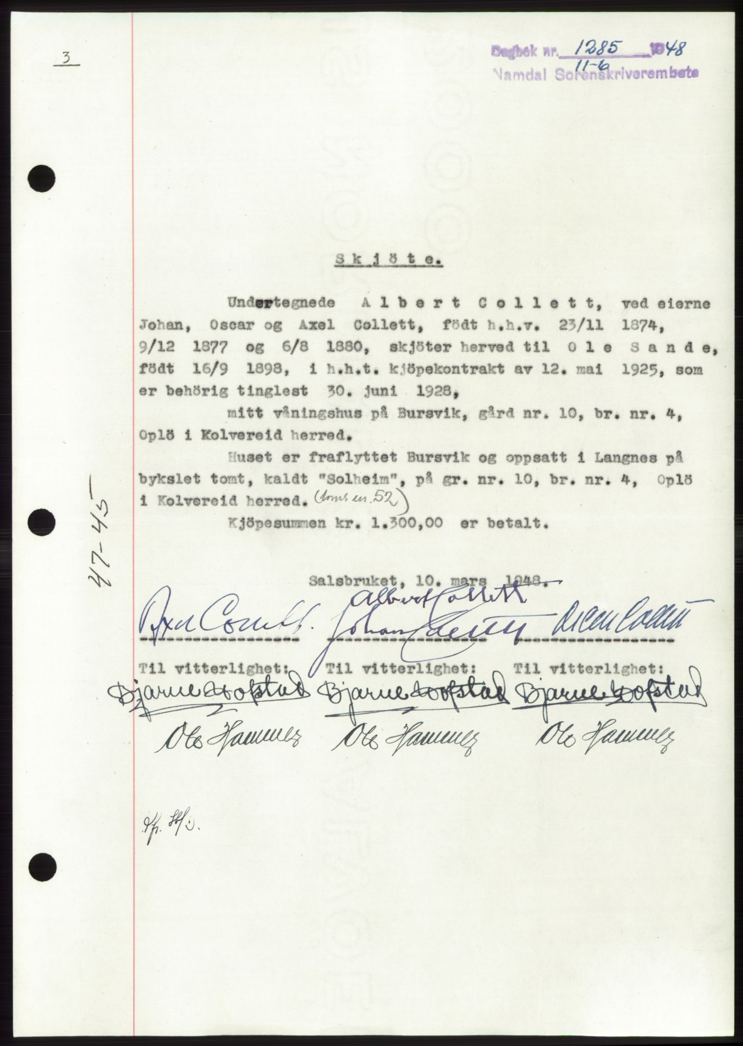Namdal sorenskriveri, SAT/A-4133/1/2/2C: Pantebok nr. -, 1948-1948, Dagboknr: 1285/1948