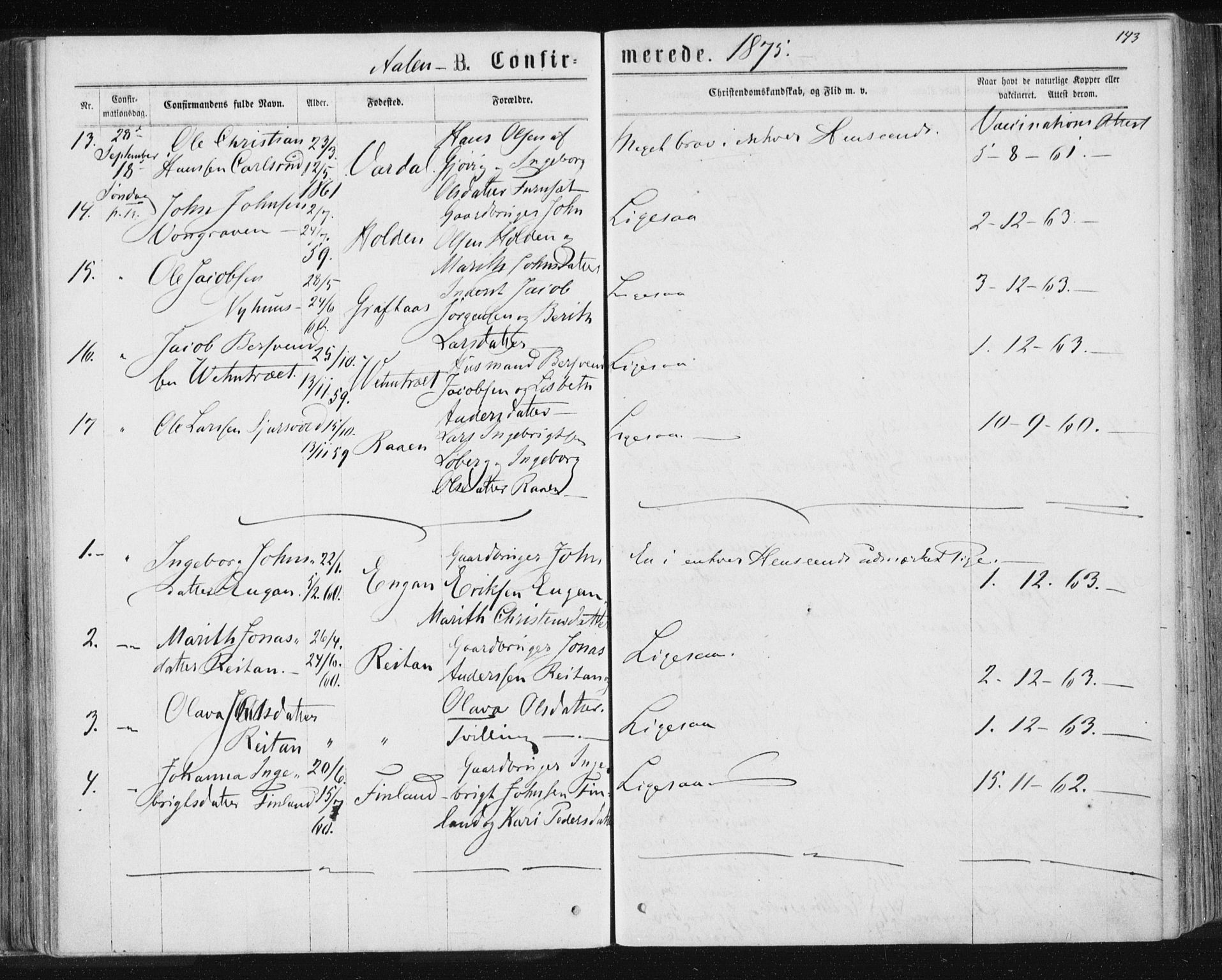 Ministerialprotokoller, klokkerbøker og fødselsregistre - Sør-Trøndelag, SAT/A-1456/685/L0971: Ministerialbok nr. 685A08 /3, 1870-1879, s. 143