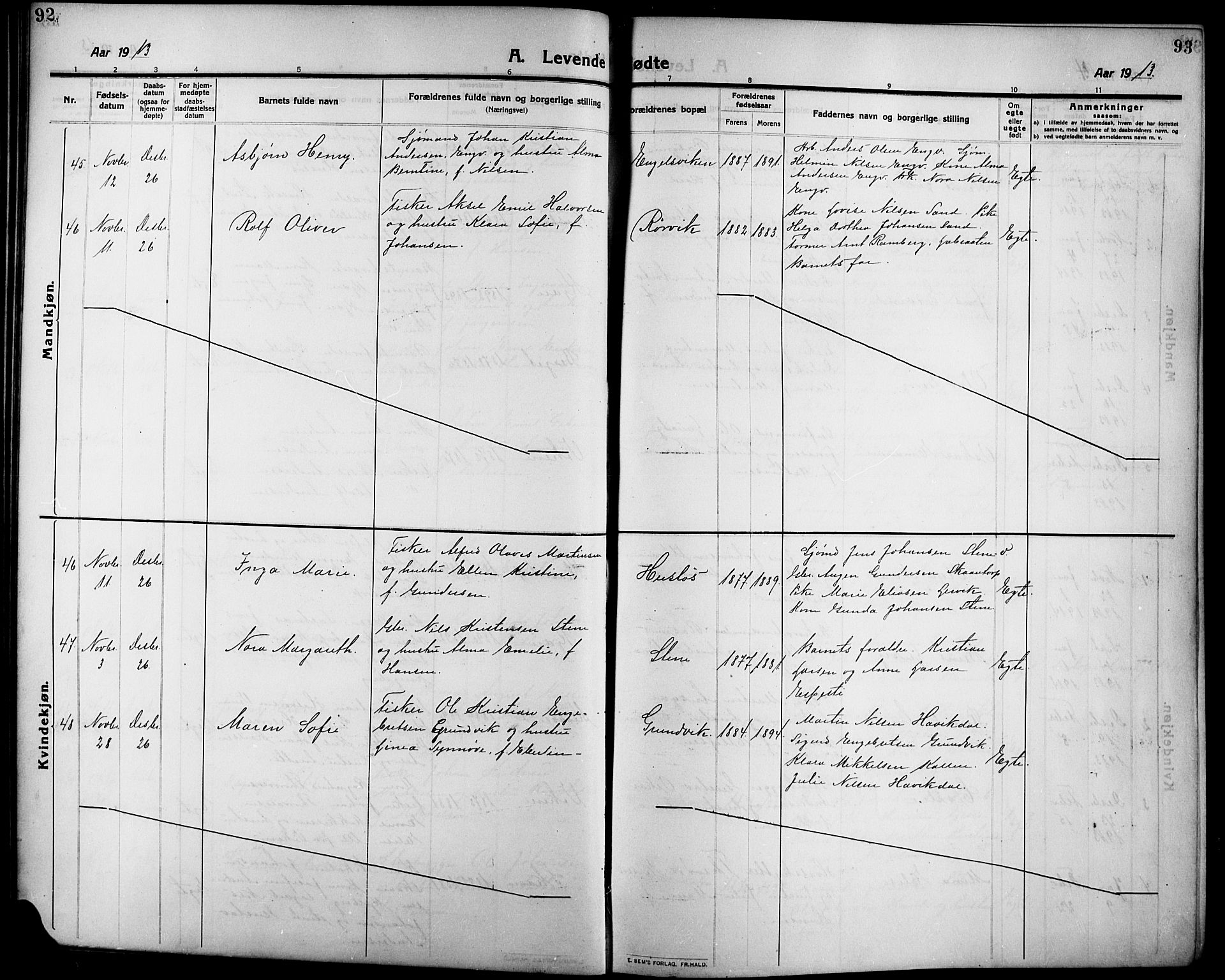 Onsøy prestekontor Kirkebøker, AV/SAO-A-10914/G/Ga/L0003: Klokkerbok nr. I 3, 1910-1926, s. 92-93