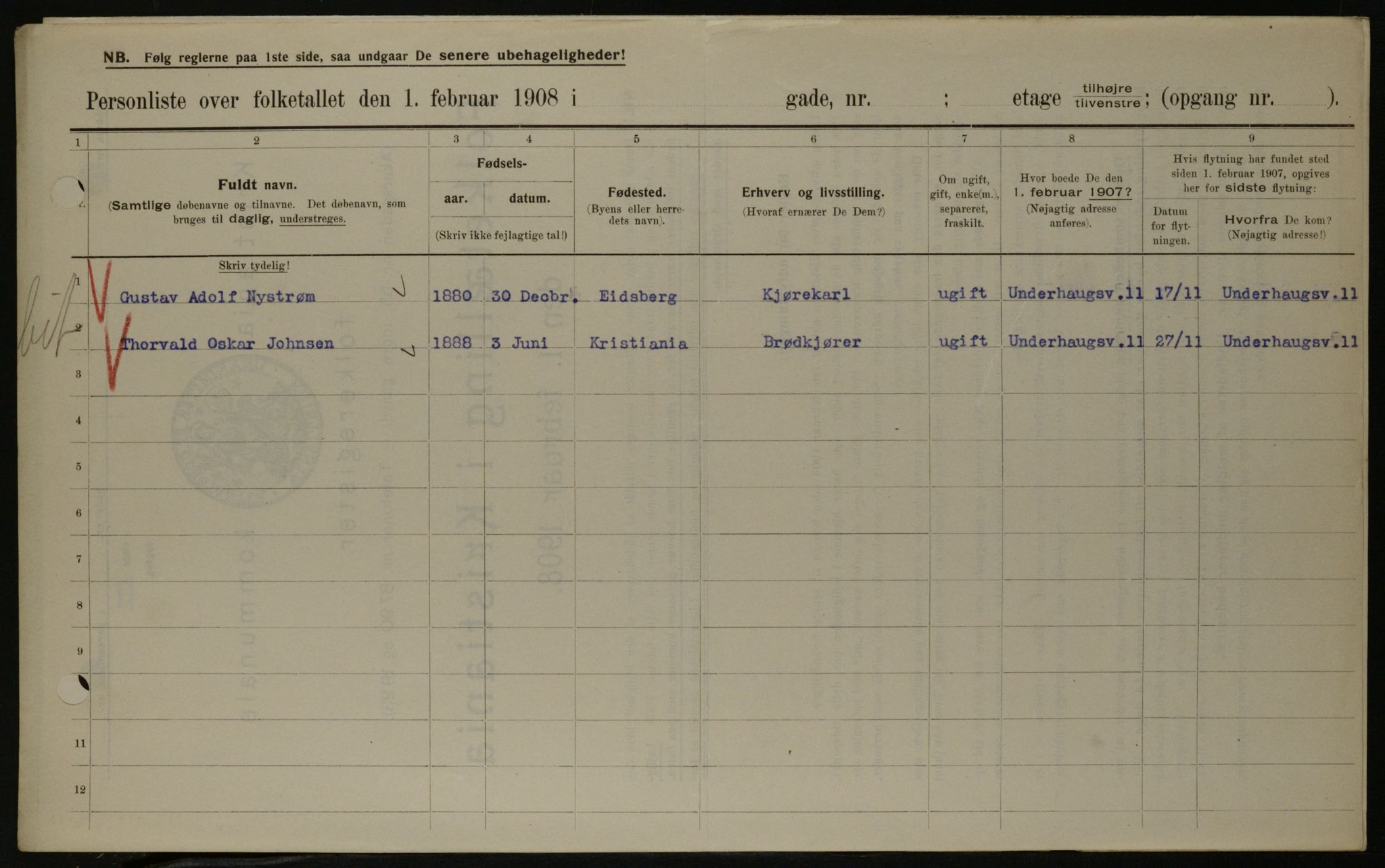 OBA, Kommunal folketelling 1.2.1908 for Kristiania kjøpstad, 1908, s. 91160