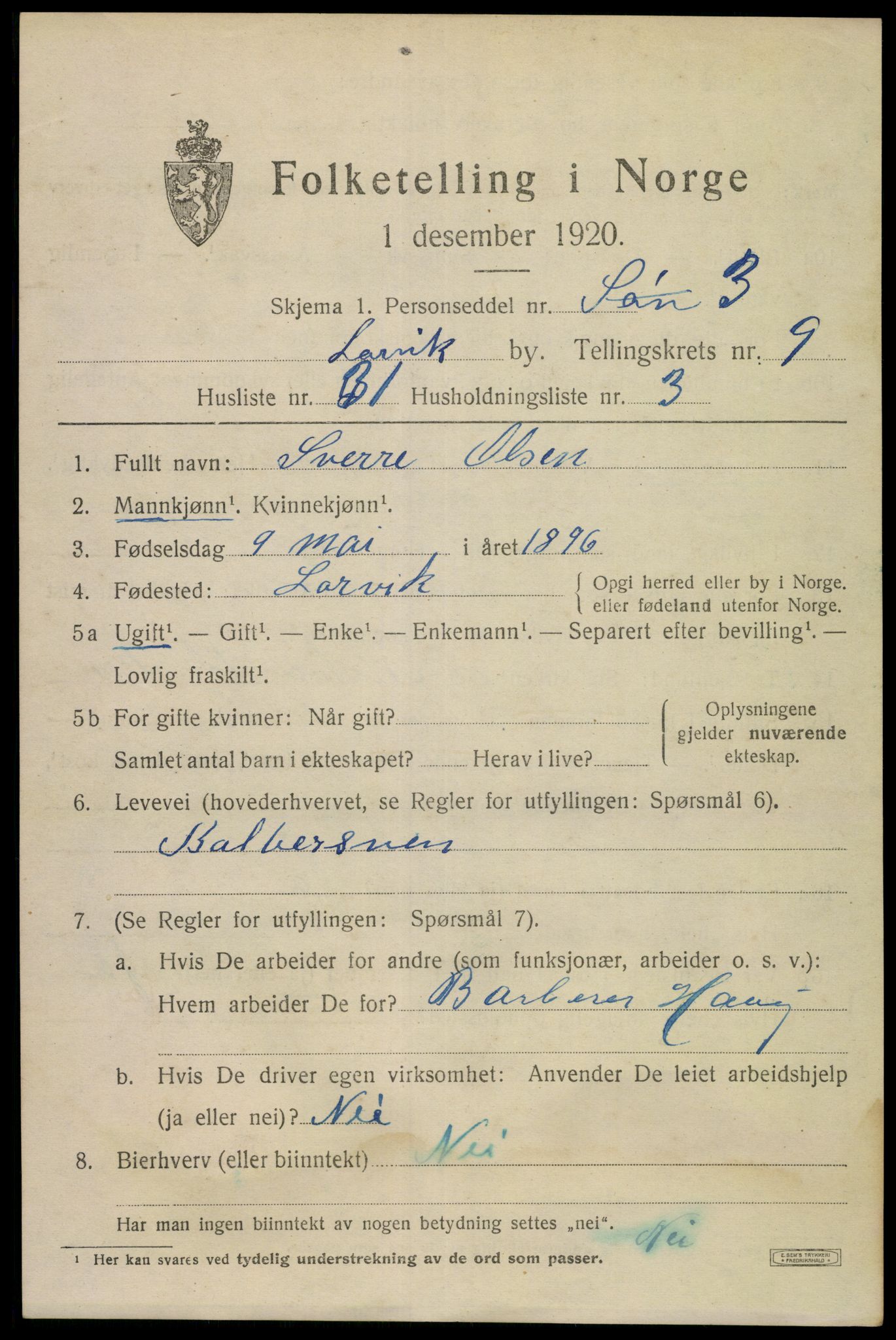 SAKO, Folketelling 1920 for 0707 Larvik kjøpstad, 1920, s. 25162