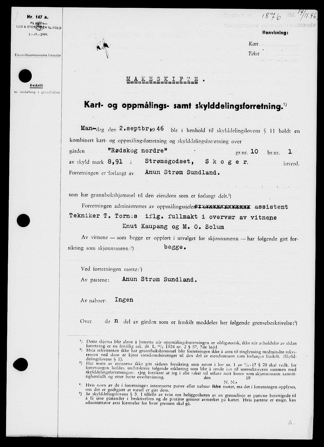 Holmestrand sorenskriveri, SAKO/A-67/G/Ga/Gaa/L0061: Pantebok nr. A-61, 1946-1947, Dagboknr: 1876/1946