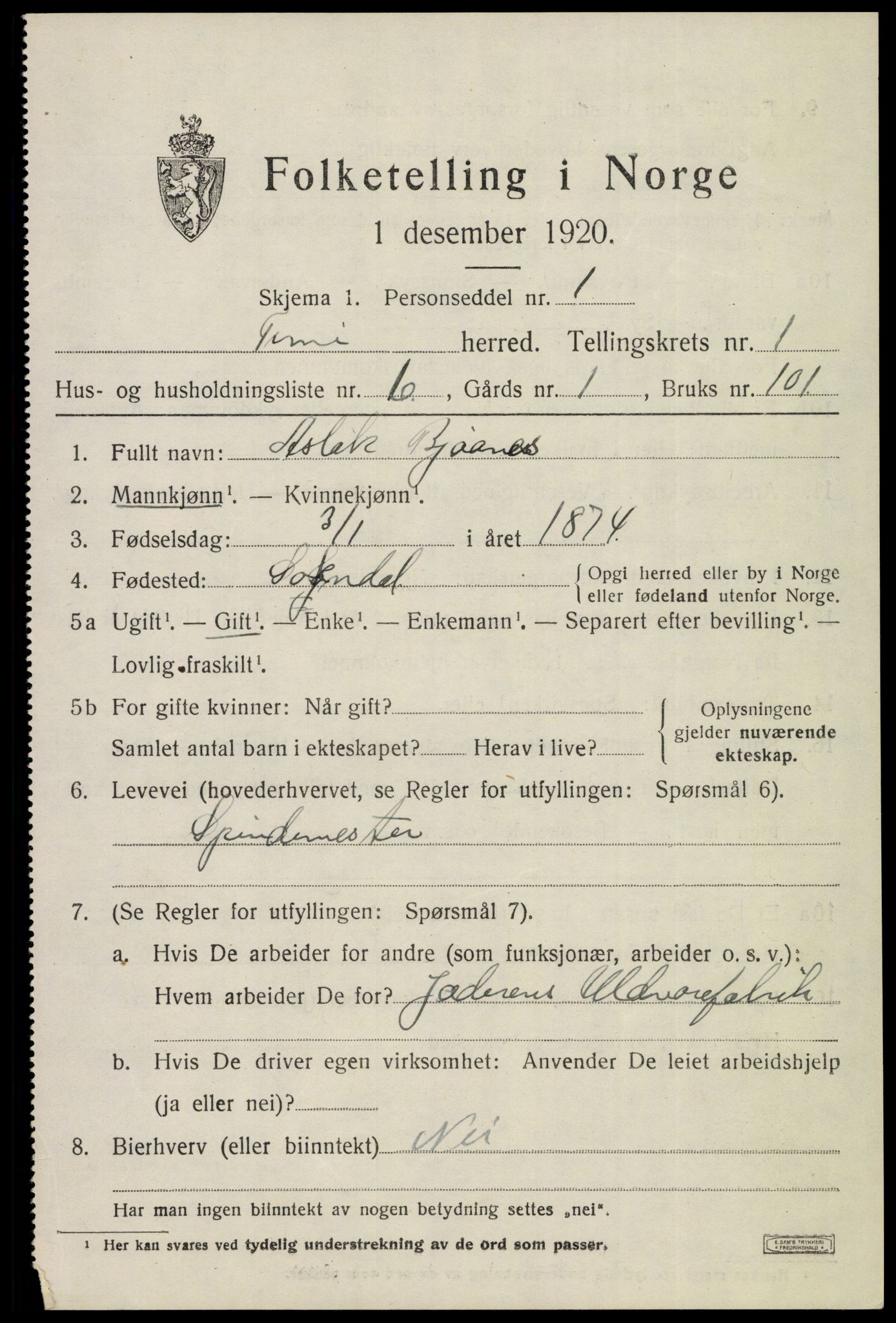 SAST, Folketelling 1920 for 1121 Time herred, 1920, s. 1343
