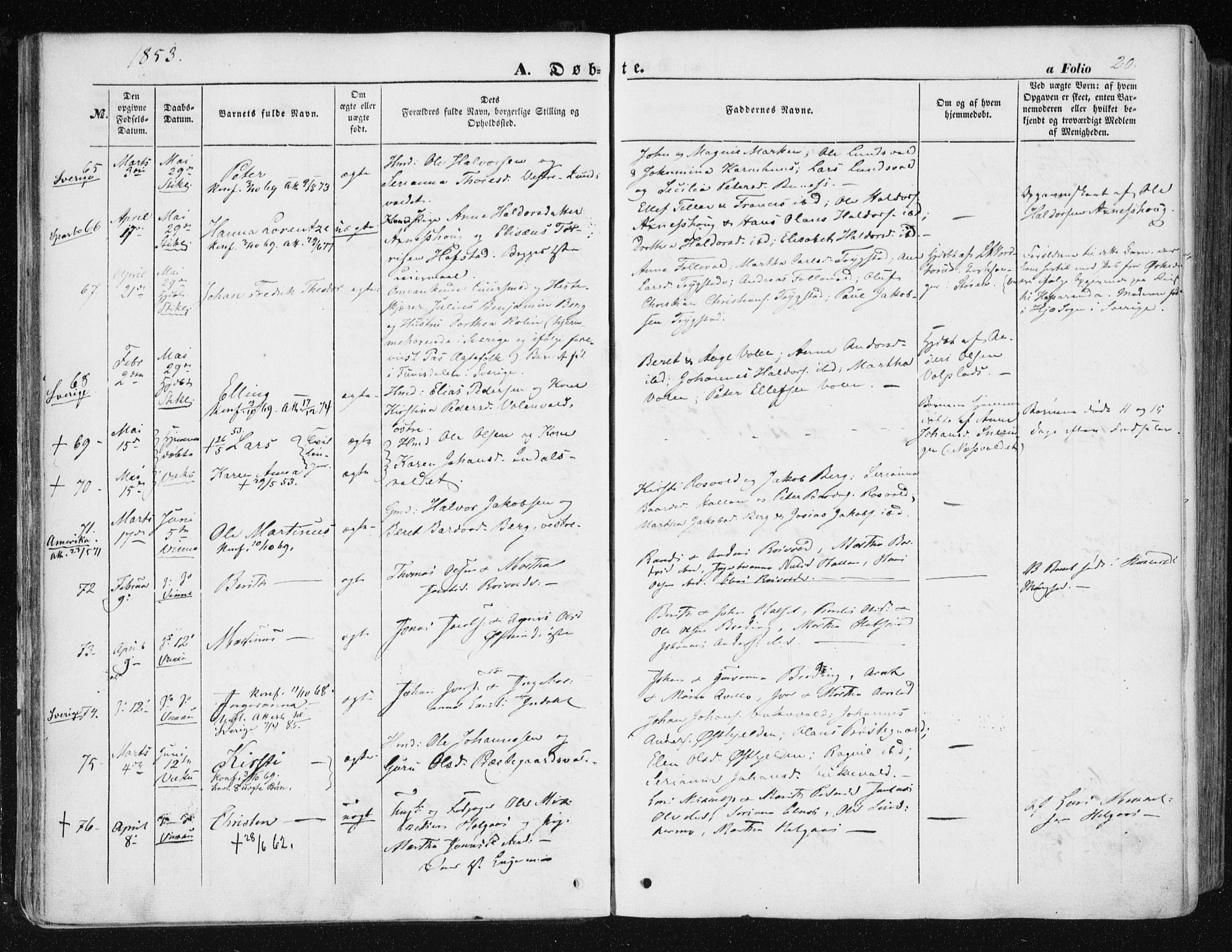 Ministerialprotokoller, klokkerbøker og fødselsregistre - Nord-Trøndelag, AV/SAT-A-1458/723/L0240: Ministerialbok nr. 723A09, 1852-1860, s. 20