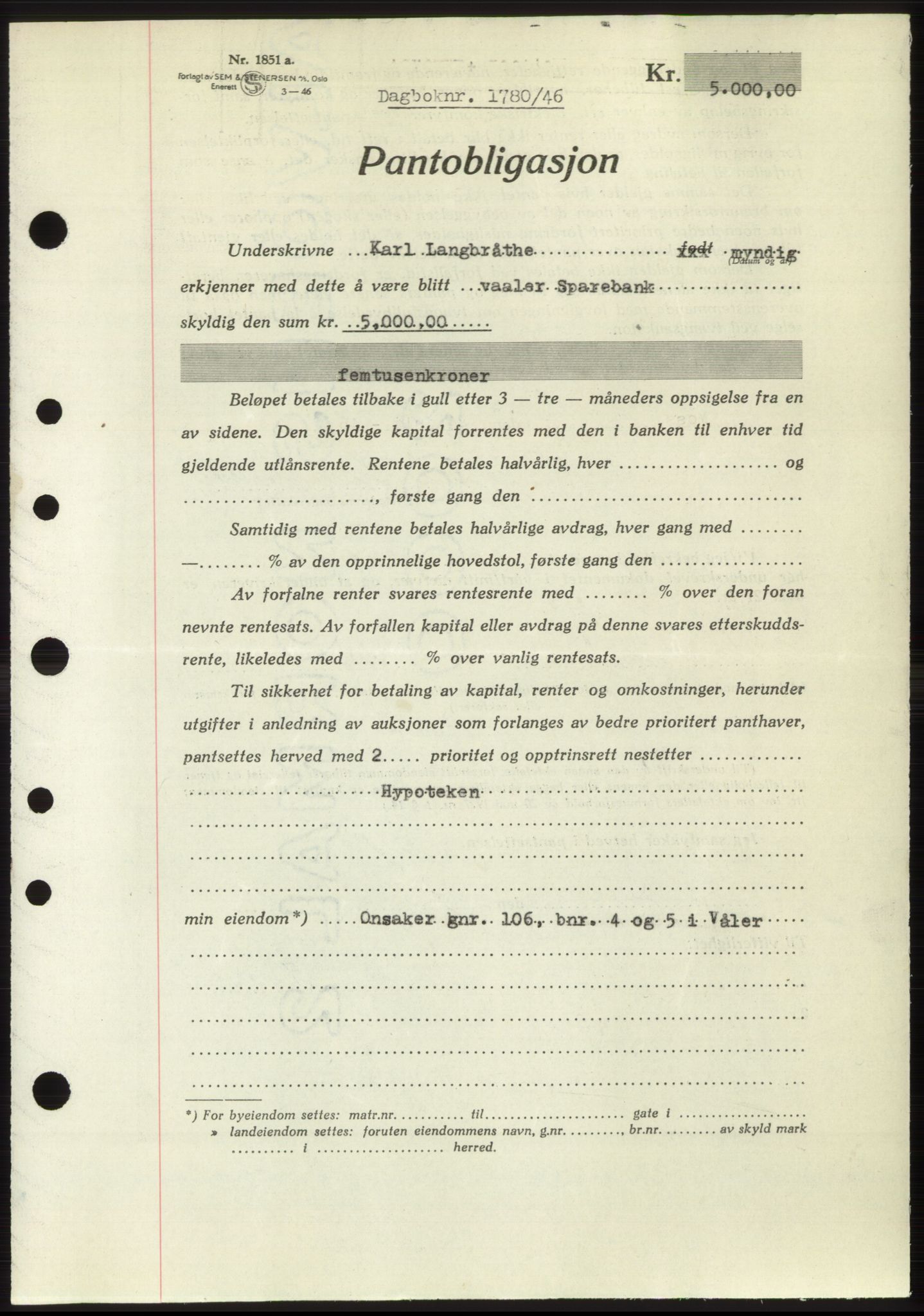 Moss sorenskriveri, SAO/A-10168: Pantebok nr. B15, 1946-1946, Dagboknr: 1780/1946