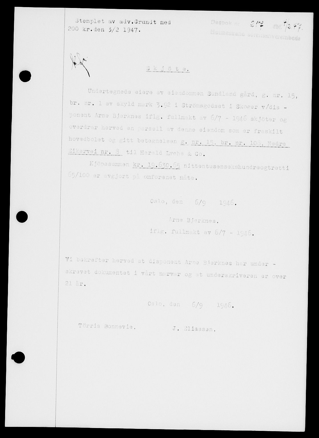 Holmestrand sorenskriveri, SAKO/A-67/G/Ga/Gaa/L0061: Pantebok nr. A-61, 1946-1947, Dagboknr: 217/1947