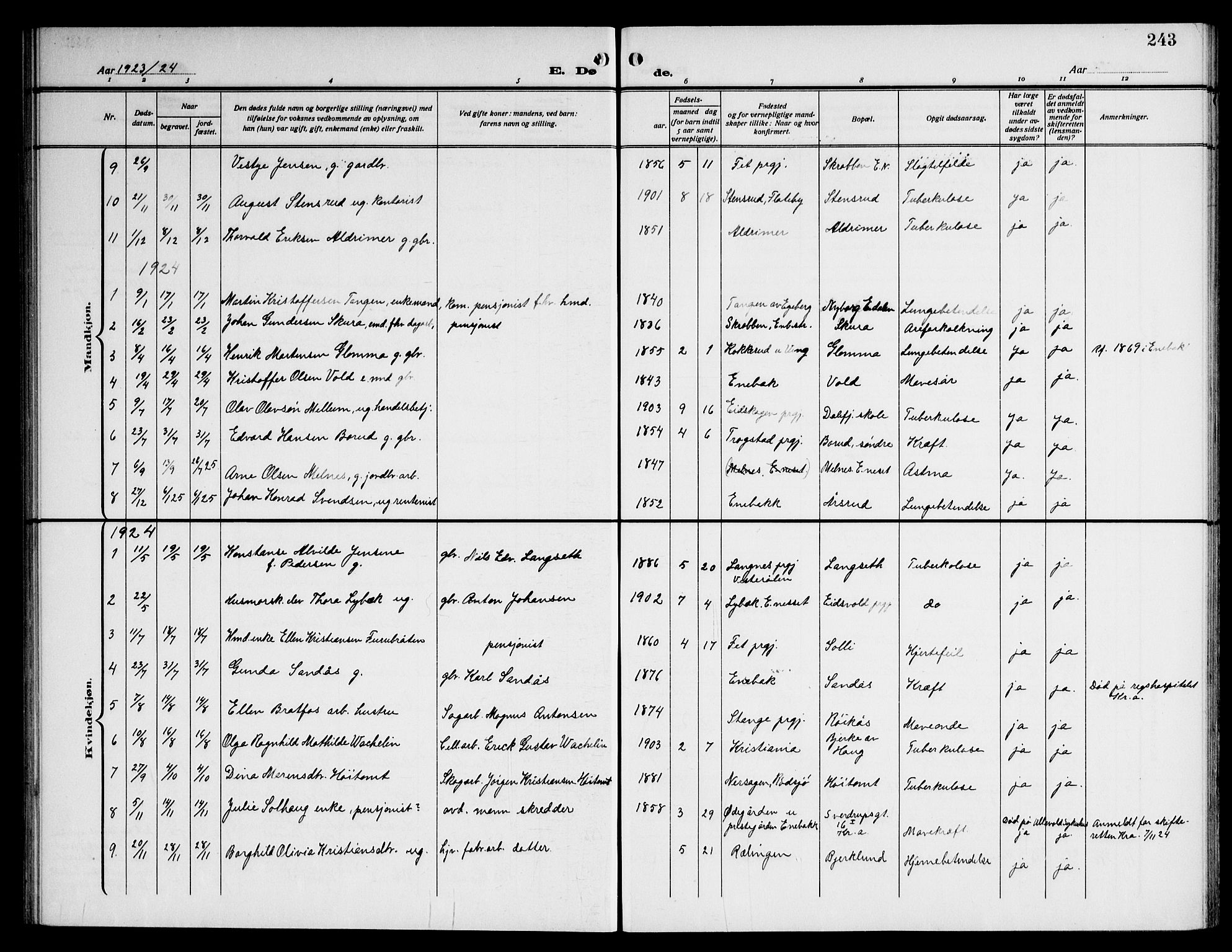 Enebakk prestekontor Kirkebøker, SAO/A-10171c/G/Ga/L0007: Klokkerbok nr. I 7, 1911-1949, s. 243