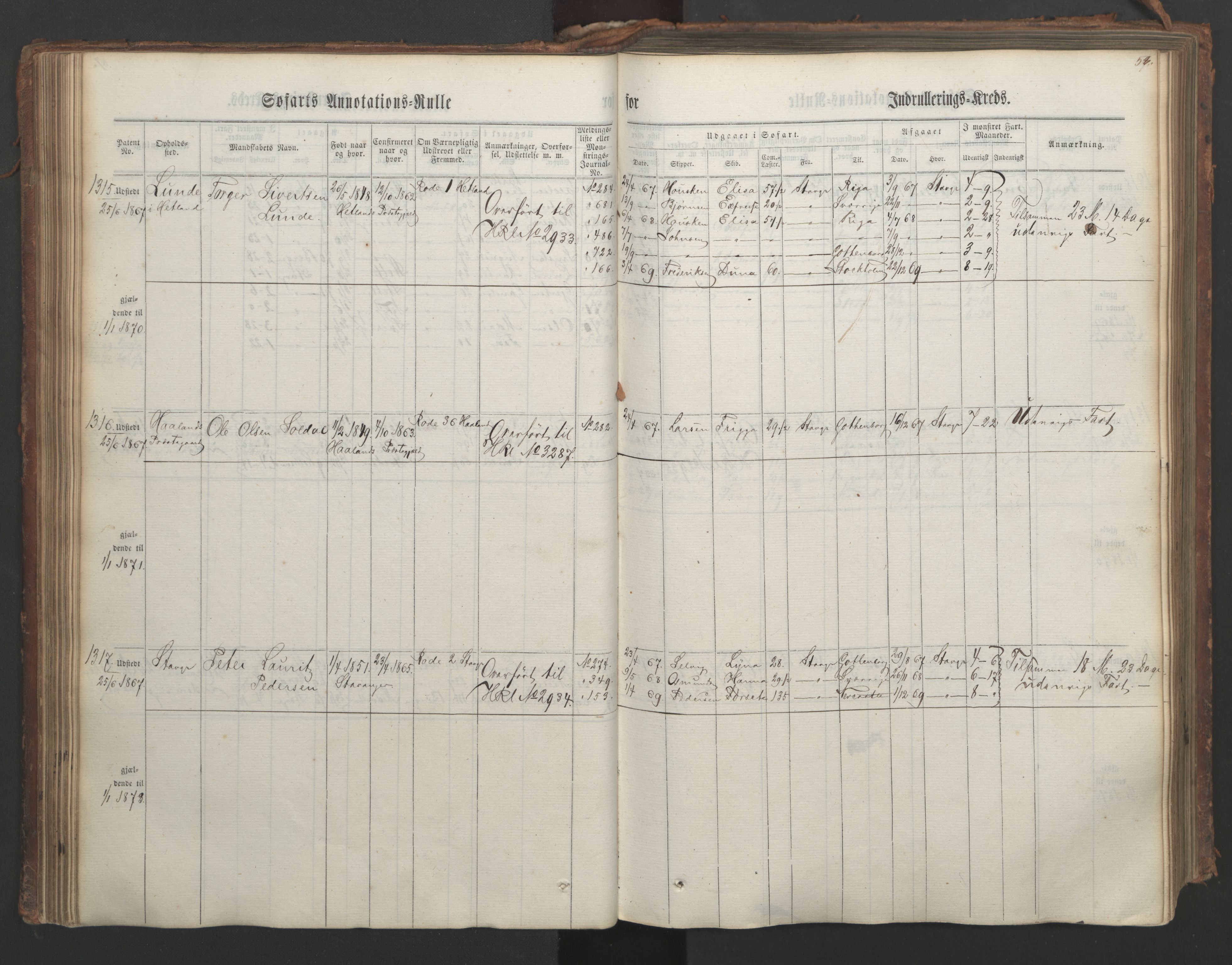 Stavanger sjømannskontor, AV/SAST-A-102006/F/Ff/L0003: Annotasjonsrulle, patentnr. 1144-1761, 1866, s. 70