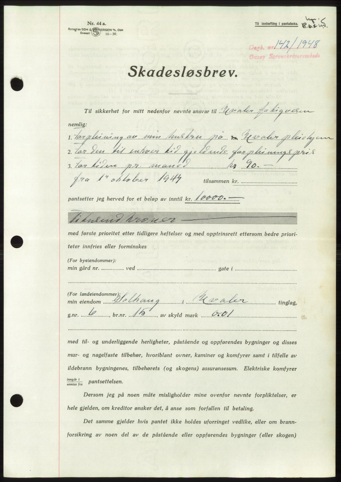 Onsøy sorenskriveri, SAO/A-10474/G/Ga/Gac/L0006: Pantebok nr. B 12-6, 1947-1948, Dagboknr: 142/1948