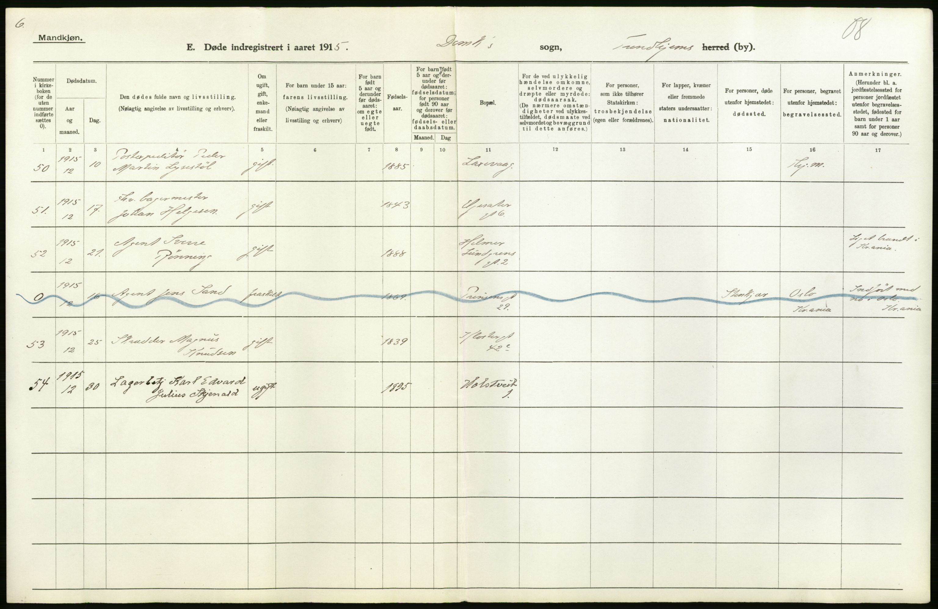 Statistisk sentralbyrå, Sosiodemografiske emner, Befolkning, RA/S-2228/D/Df/Dfb/Dfbe/L0044: Trondhjem: Gifte, døde, dødfødte., 1915, s. 188