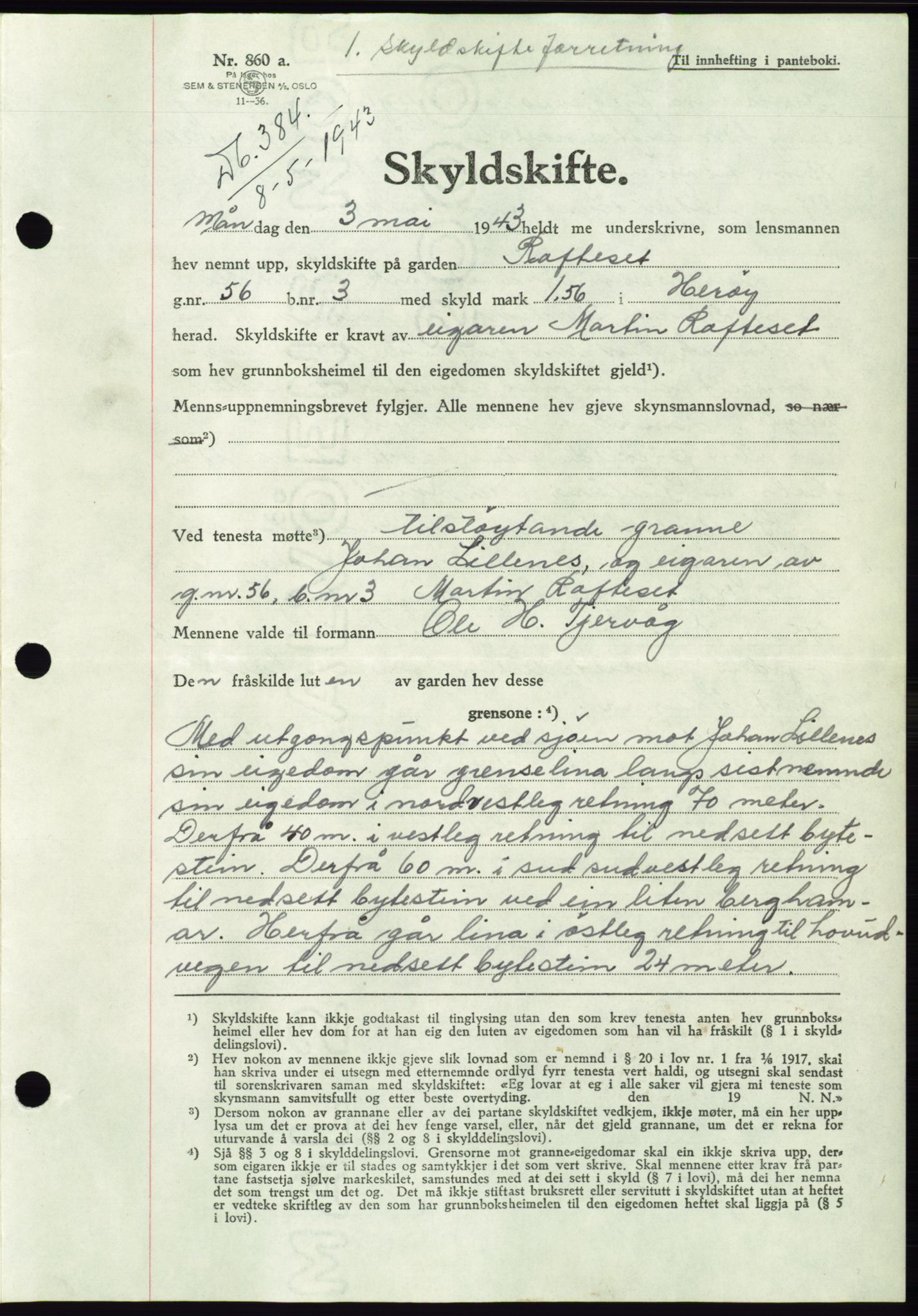 Søre Sunnmøre sorenskriveri, AV/SAT-A-4122/1/2/2C/L0075: Pantebok nr. 1A, 1943-1943, Dagboknr: 384/1943