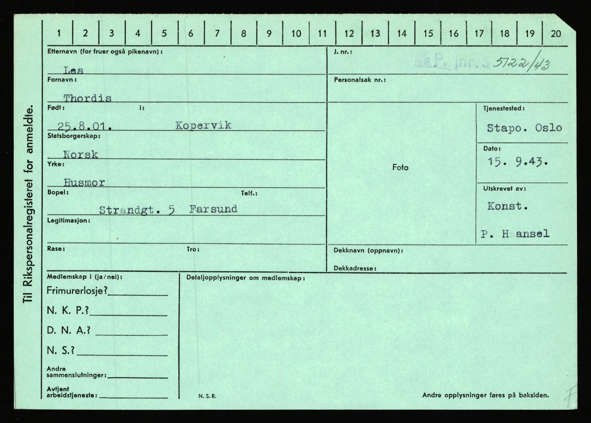 Statspolitiet - Hovedkontoret / Osloavdelingen, AV/RA-S-1329/C/Ca/L0009: Knutsen - Limstrand, 1943-1945, s. 4157