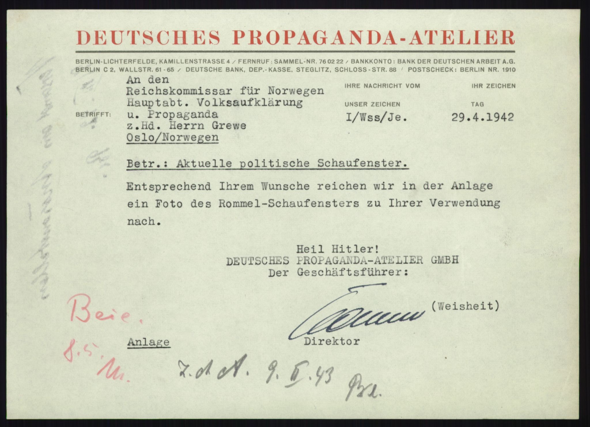 Forsvarets Overkommando. 2 kontor. Arkiv 11.4. Spredte tyske arkivsaker, RA/RAFA-7031/D/Dar/Darb/L0010: Reichskommissariat., 1940-1943, s. 605