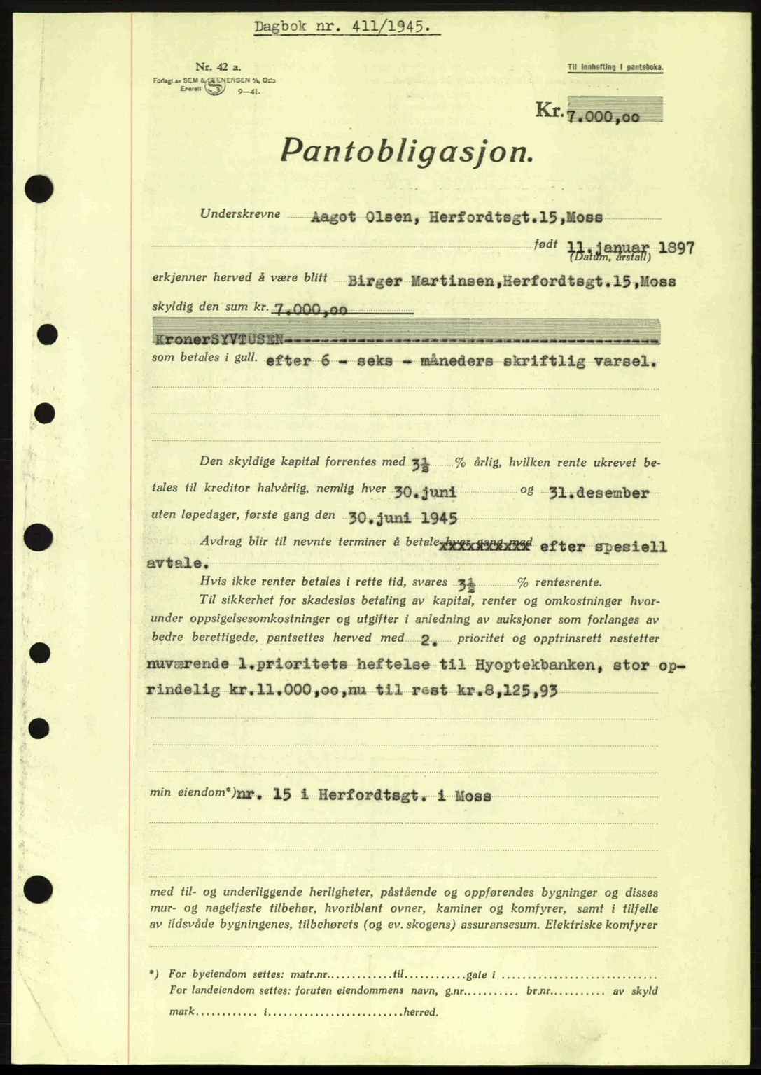 Moss sorenskriveri, SAO/A-10168: Pantebok nr. B13, 1943-1945, Dagboknr: 411/1945