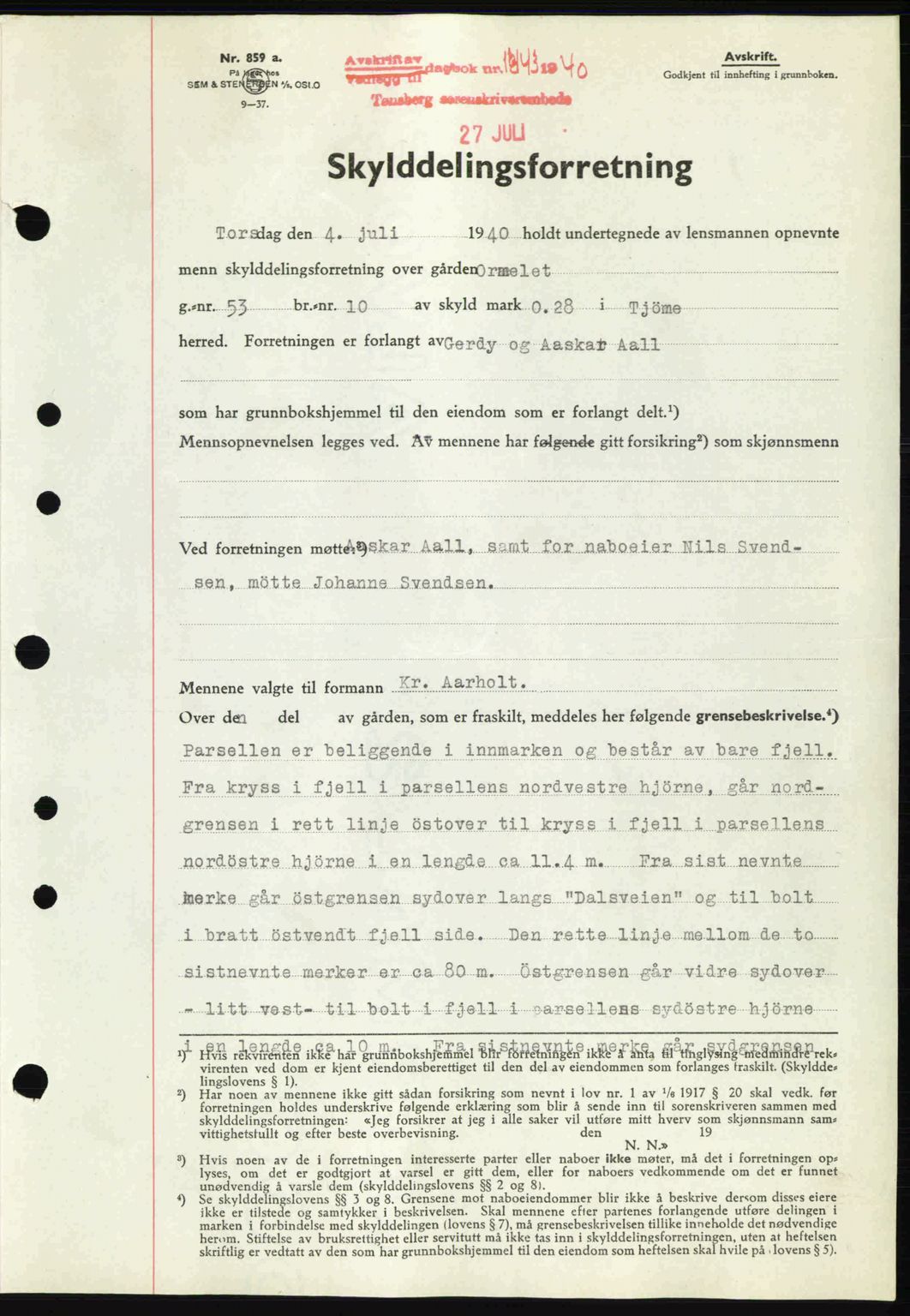 Tønsberg sorenskriveri, AV/SAKO-A-130/G/Ga/Gaa/L0009: Pantebok nr. A9, 1940-1941, Dagboknr: 1443/1940