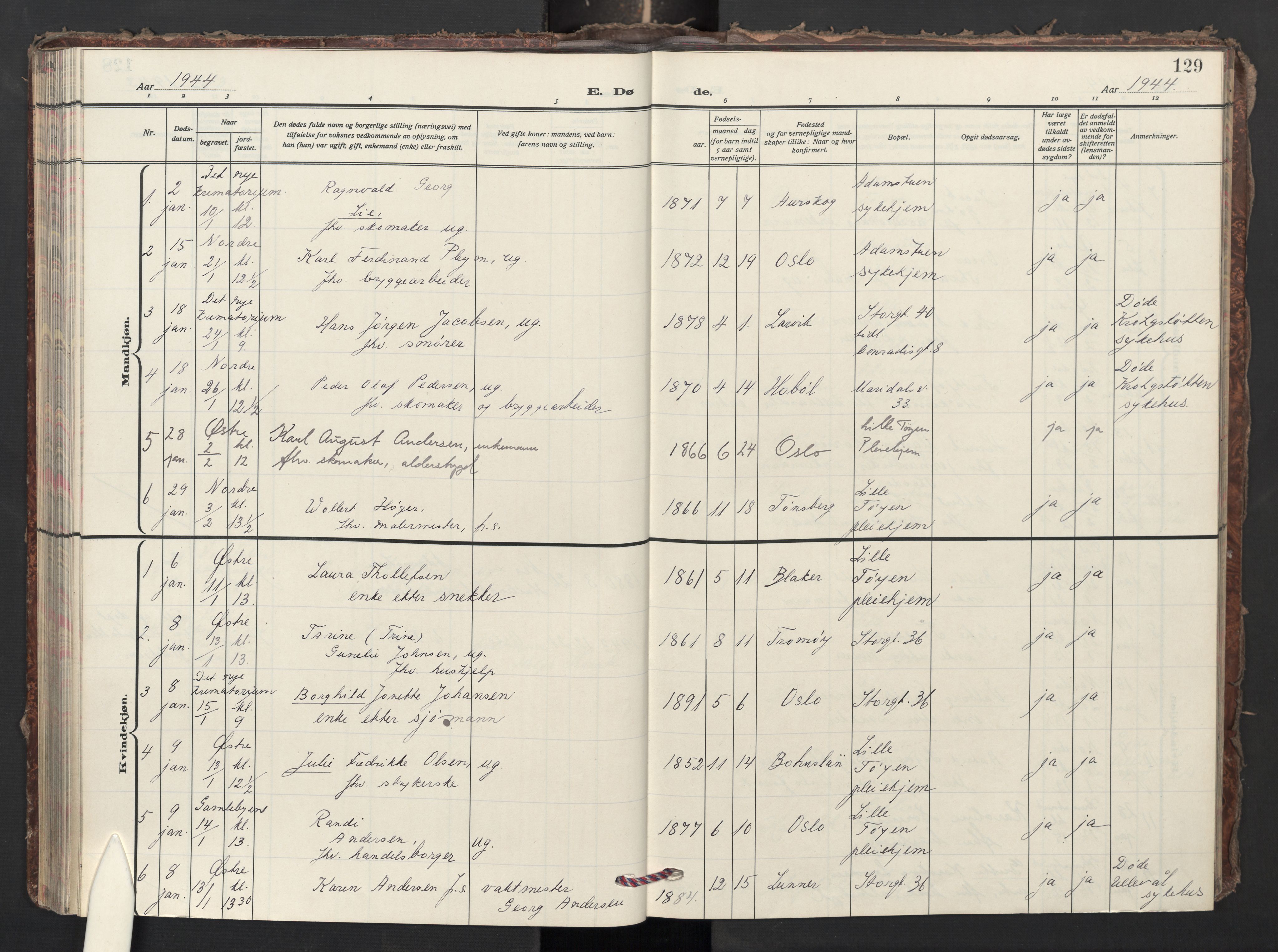 Krohgstøtten sykehusprest Kirkebøker, AV/SAO-A-10854/F/Fa/L0006: Ministerialbok nr. 6, 1935-1951, s. 129