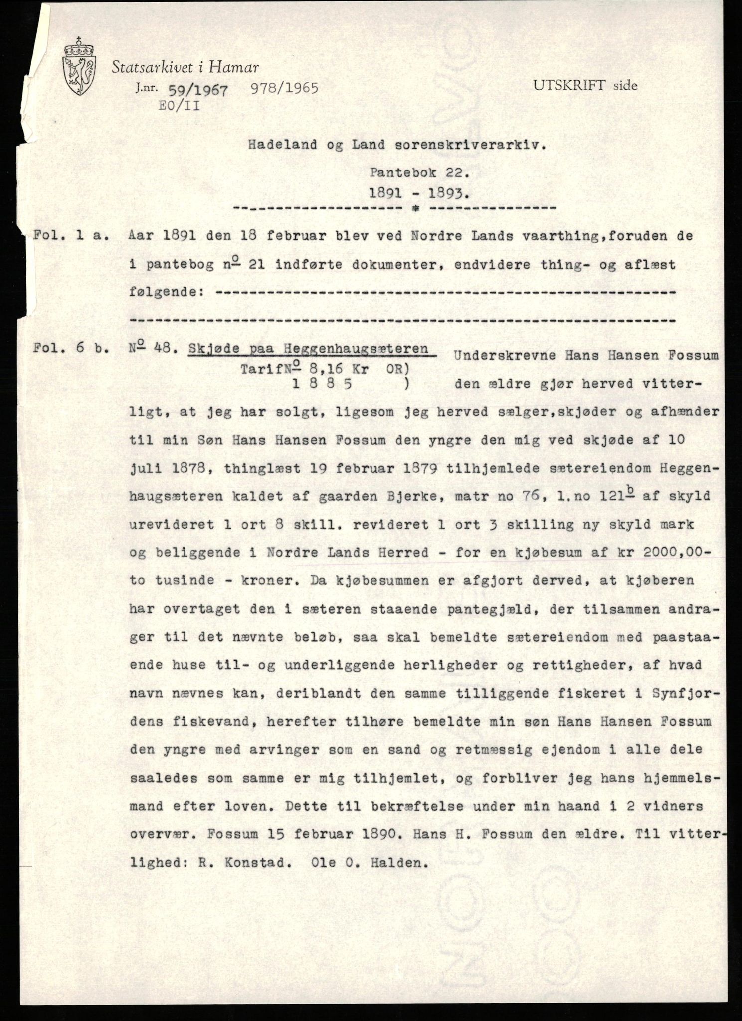 Avskriftssamlingen ved Statsarkivet i Hamar, SAH/AVSKRIFT-001/H/Hh/Hha/L0022: Pantebok for Hadeland og Land, 1891-1893