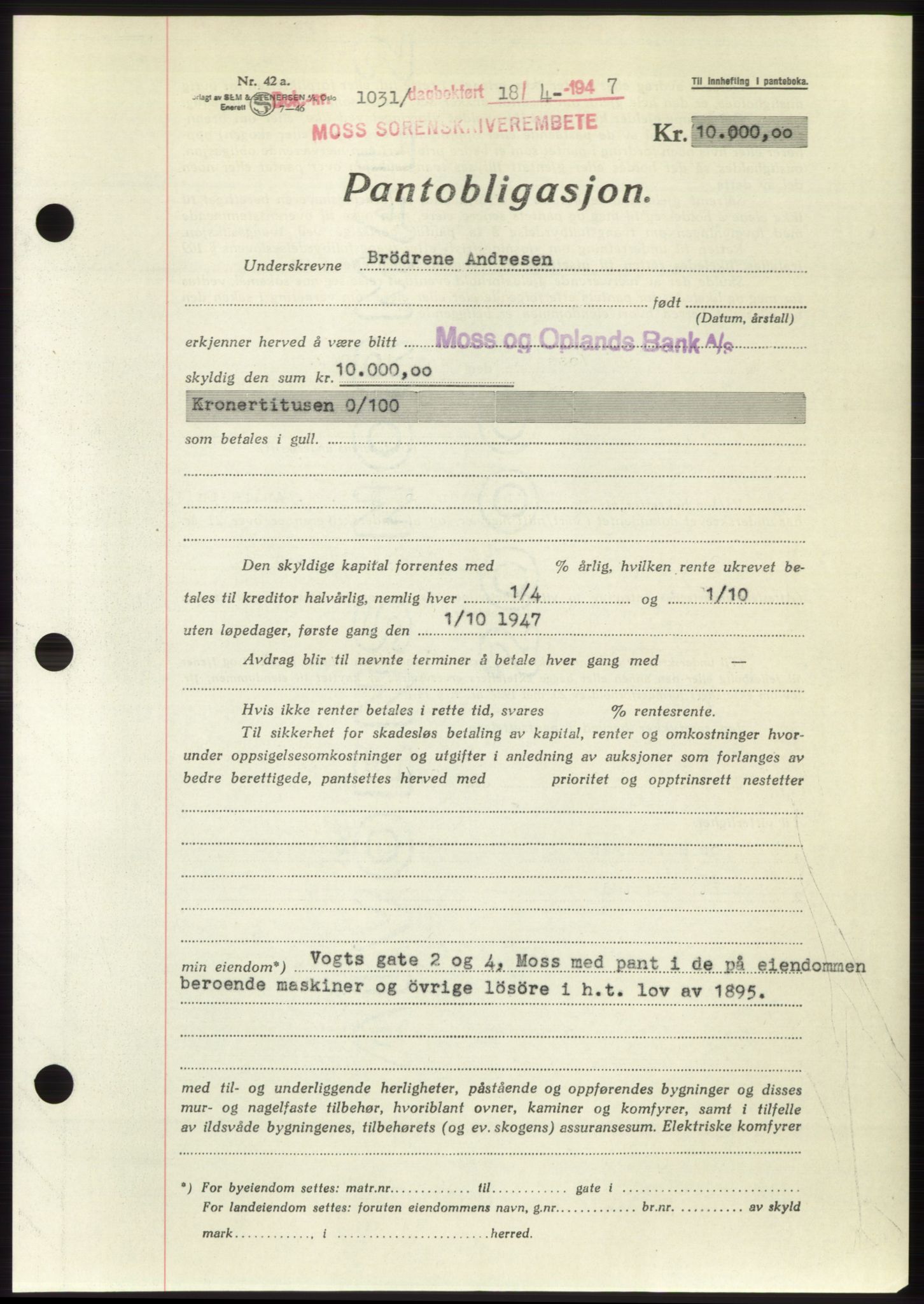 Moss sorenskriveri, SAO/A-10168: Pantebok nr. B17, 1947-1947, Dagboknr: 1031/1947