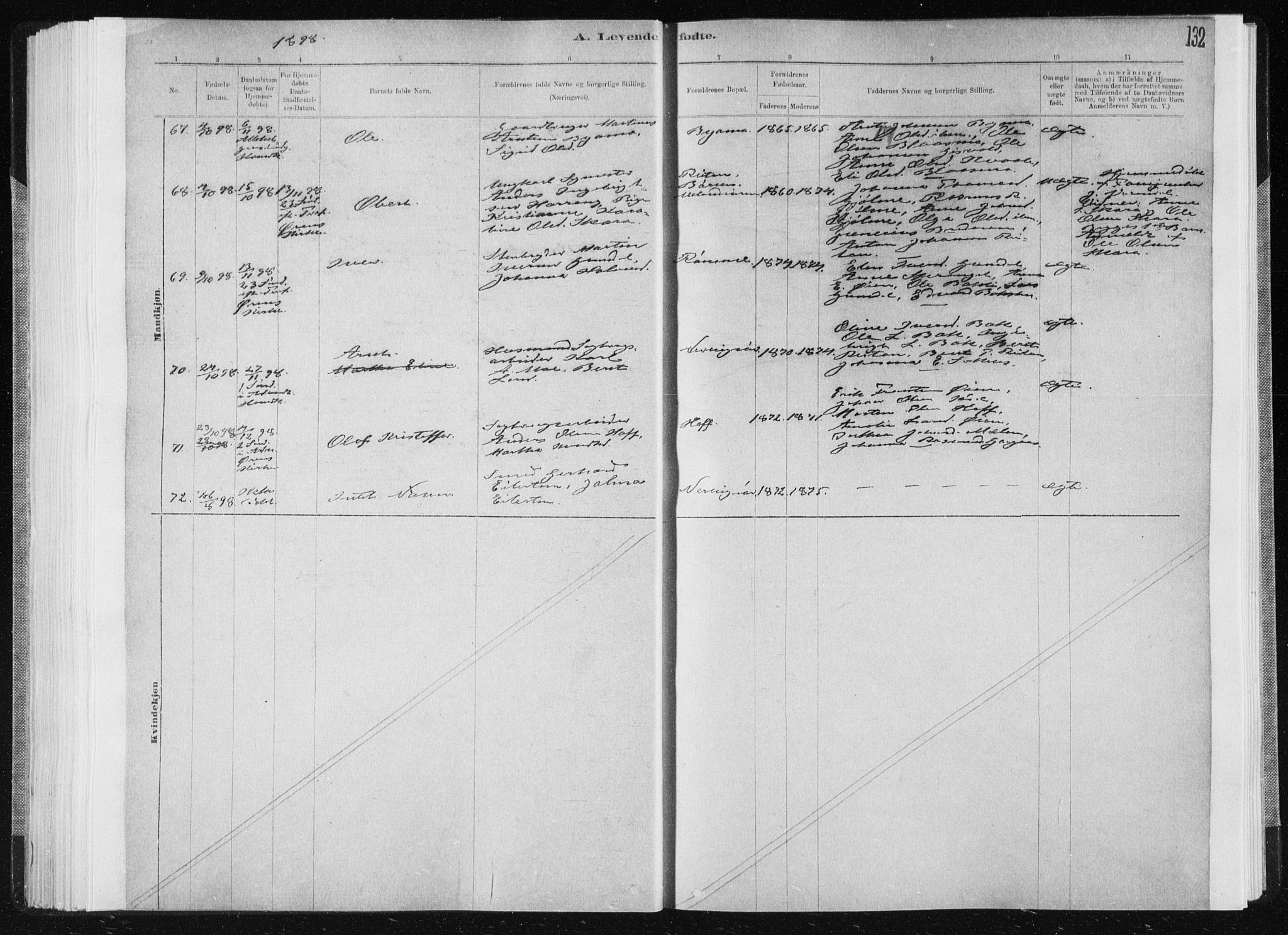 Ministerialprotokoller, klokkerbøker og fødselsregistre - Sør-Trøndelag, SAT/A-1456/668/L0818: Klokkerbok nr. 668C07, 1885-1898, s. 132
